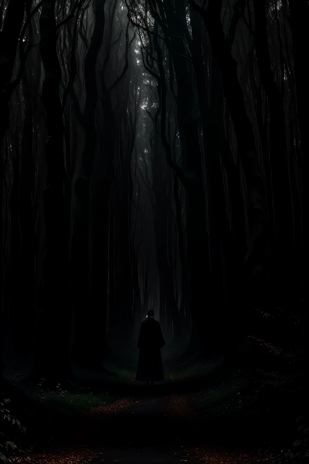 In the depths of a haunted woods, where the mystical feeling of an enchanted forest casts an ominous spell, the twisted branches of ancient trees reach up towards the dark, moody sky. A man in a black robe, barely visible from afar, hides behind a gnarled tree trunk, causing the mist and fog to swirl around him, shrouding him in an aura of mystery and ethereal glow. The whispered winds carry the eerie sounds of the forest, a symphony of chirping crickets, rustling leaves, and distant howls. The path ahead is dappled with moonlight, making the shimmering mist appear even more otherworldly