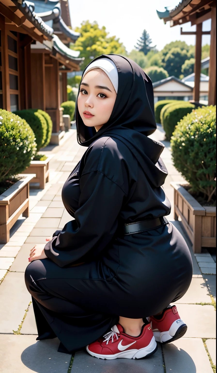 there is a woman kneeling down with a hijab, bbwchan, thicc, hijab outfit, hijab fashion model, korean girl, korean woman, wearing black robe, full length shot, alluring plus sized model, japanese goddess, clothed in hooded, voluptuous and arousing, portrait shot, curvy model, voluptuous body, wonderful, nene tanaka body , bbwchan, wearing red sneakers 