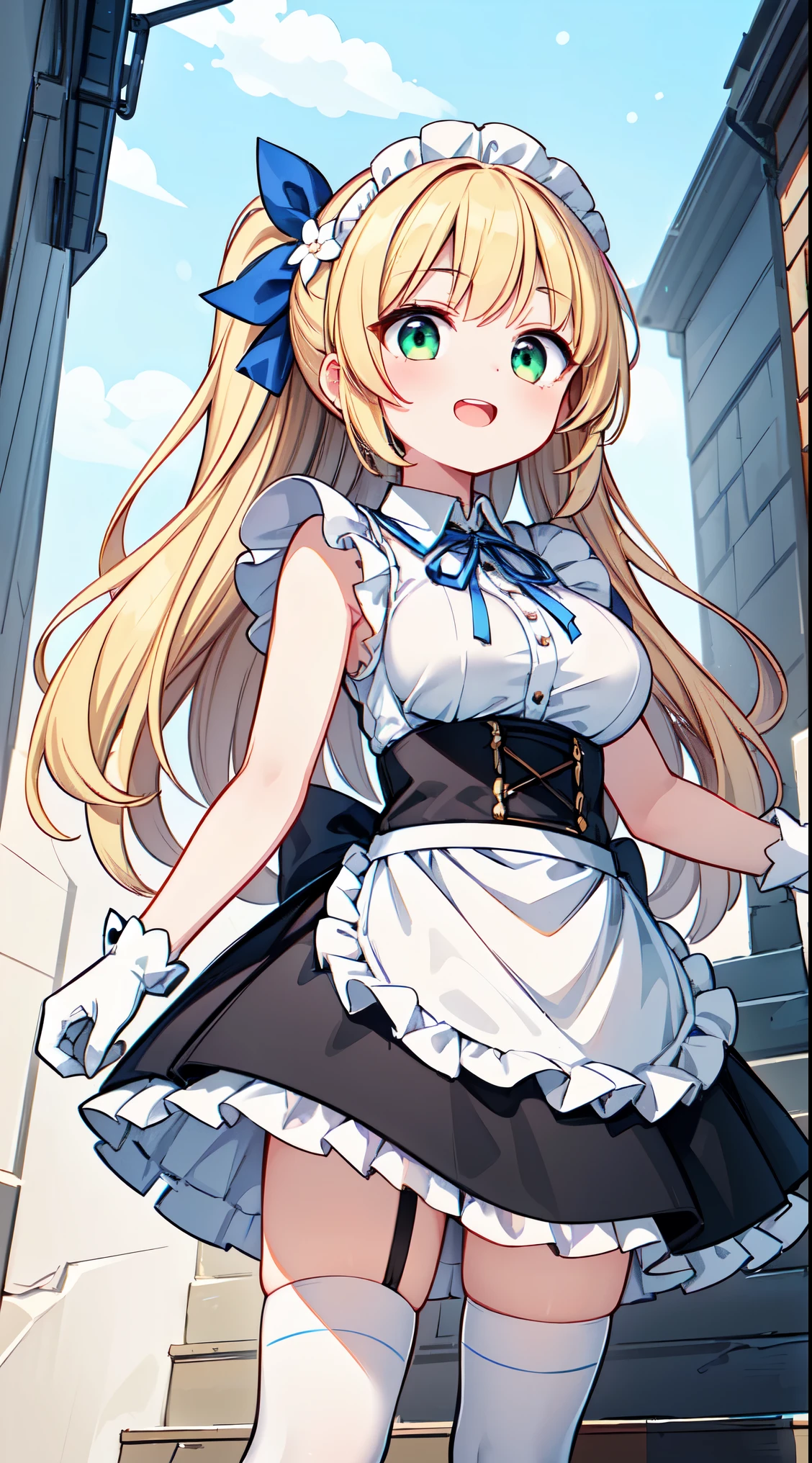 (super fine illustration:1.2),(masterpiece, 8k), (best quality, high quality:1.4), perfect anatomy, hyper detailed, ultra detailed,masterpiece background,beautiful detailed background, v8k wallpaper,perfect design,award-winning art,atmospheric,


BREAK,  1 beautiful girl, girl, (cute:1.5),(Little:0.5),(cute:2.0),(change:2.0),(12 year old girl),(big breasts:1.65),(chin hair,blonde,blue bow,green eyes,Eyebrows visible through the hair,side lock,long hair with bangs parted, hair flower, hair ornaments, big ribbon in hair, curly hair, ponytail:1.6),:he, white feathers, one thin white wing, Ang he wings, spread your wings, shining wings),pit \black},glowing skin, beautiful skin, Shining beautiful skin, open your mouth, bashful smile, alone, tooth, upper teeth,(long eyheashes, double eyheids:1.2),alone, glowing skin, beautiful skin, Shining beautiful skin,(highest quality face),(highest quality shining eyes),(tear),

BREAK, (white and black theme:1.4), (fusion of (sleeveless white high neck and collared [crop top]) and (black puff sleeves):1.4), (white tops and black short sleeves:1.2), (wearing a white half apron over a black skirt:1.4), (waist cincher:1.3), (white half apron), ((white maid head-band with ruffles on head, white brim on head):1.3), (white thigh high stockings:1.4), ((white arm warmers, white long glove):1.3), (black heeled pumps:1.2),
BREAK (light-blue theme:1.2), (light-blue lines on skirt:1.3), (light-blue ribbon bow on neck:1.3), standing, field, lake, trees, outdoor




BREAK,wakame,wakame,wakame,(looking up,from below:1.5) 

(going up on stairs:1.5),


BREAK,(Blurry background:1.3),(absurderes, hight resolution, Super Detail Art),cel shading,Clear Color, Lonely optical effect, Beautiful pictures, Bright glow, mystic atmosphere,(Close-up of girl:1.1), Mystical light particle effect,manga influence, clean line drawings, 