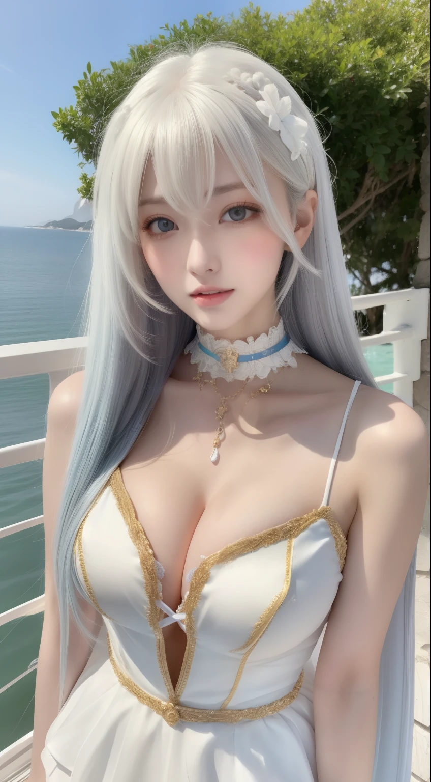 Beautiful woman with perfect body：1.4，layered hairstyle，Protruding cleavage，White 2D costume：1.5，Highly detailed facial and skin textures，double eyelids，whiten skin，long hair，collar，seaside