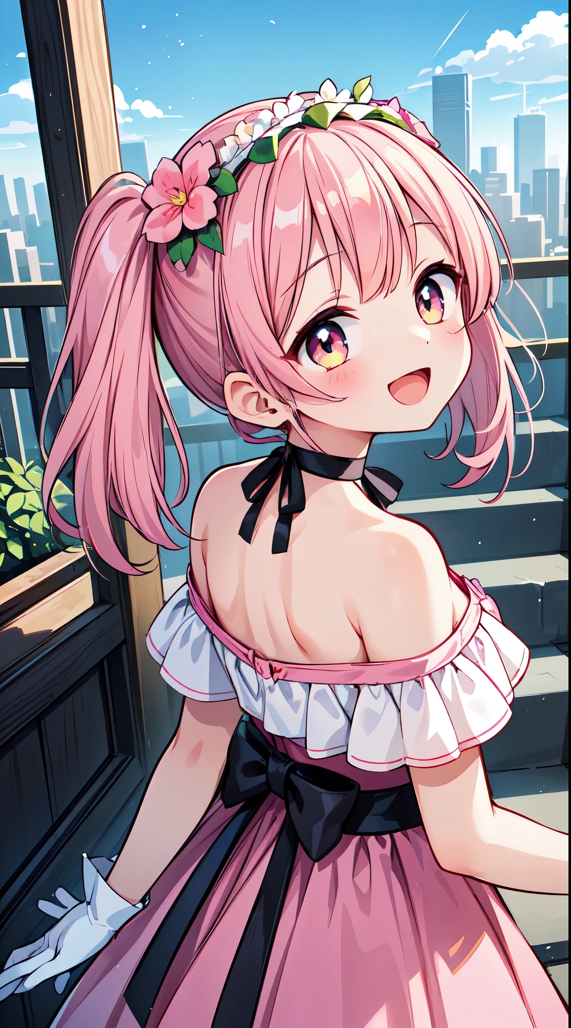 (super fine illustration:1.2),(masterpiece, 8k), (best quality, high quality:1.4), perfect anatomy, hyper detailed, ultra detailed,masterpiece background,beautiful detailed background, v8k wallpaper,perfect design,award-winning art,atmospheric,
BREAK, 1 beautiful girl, Solo,(Cute:1.5),(Chibi:0.8), (kawaii:1.5),(:0.5), BREAK, (girl, Cute, Cheerful, face, medium breasts:1.2),(Pink hair,disheveled short twin tails,tareme,Gold eyes:1.2),gleaming skin,Clear skin, cleavage of the breast,Beautiful , gleaming skin,Clear skin, Beautiful skin,( A smile:1.5),(best quality face),(Top quality glowing eyes),(The best smile,:D:1.45),
BREAK, (1girl, solo, looking at viewer, walking:1.2), (city, fantastic scenery:1.5),
BREAK (pink dress, white frills, white glove, off shoulder, black choker:1.3), (flower crown, flower head, side flower head, flower hair ornament:1.5)
BREAK,wakame,wakame,wakame,(looking up,from front behind:1.5)
(going up on stairs:1.5),
BREAK,(Blurry background:1.3),(absurderes, hight resolution, Super Detail Art),cel shading,Clear Color, Lonely optical effect, Beautiful pictures, Bright glow, mystic atmosphere,(Close-up of girl:1.1), Mystical light particle effect,manga influence, clean line drawings,