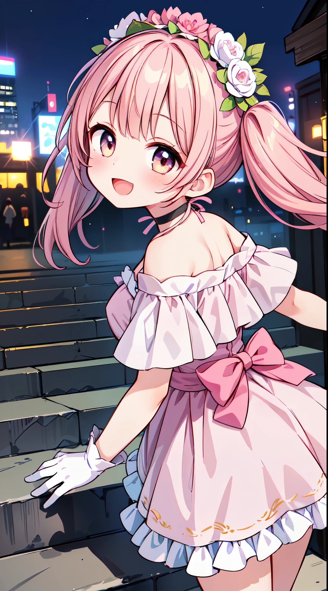 (super fine illustration:1.2),(masterpiece, 8k), (best quality, high quality:1.4), perfect anatomy, hyper detailed, ultra detailed,masterpiece background,beautiful detailed background, v8k wallpaper,perfect design,award-winning art,atmospheric,


BREAK,   1 beautiful girl, Solo,(Cute:1.5),(Chibi:0.8), (kawaii:1.5),(:0.5), BREAK, (girl, Cute, Cheerful, face, medium breasts:1.2),(Pink hair,disheveled short twin tails,tareme,Gold eyes:1.2),gleaming skin,Clear skin, cleavage of the breast,Beautiful , gleaming skin,Clear skin, Beautiful skin,( A smile:1.5),(best quality face),(Top quality glowing eyes),(The best smile,:D:1.45),

BREAK, (1girl, solo, looking at viewer, walking:1.2), (city, fantastic scenery:1.5),

BREAK (pink dress, white frills, white glove, off shoulder, black choker:1.3), (flower crown, flower head, side flower head, flower hair ornament:1.5)





BREAK,wakame,wakame,wakame,(looking up,from front behind:1.5) 

(going up on stairs:1.5),


BREAK,(Blurry background:1.3),(absurderes, hight resolution, Super Detail Art),cel shading,Clear Color, Lonely optical effect, Beautiful pictures, Bright glow, mystic atmosphere,(Close-up of girl:1.1), Mystical light particle effect,manga influence, clean line drawings, 