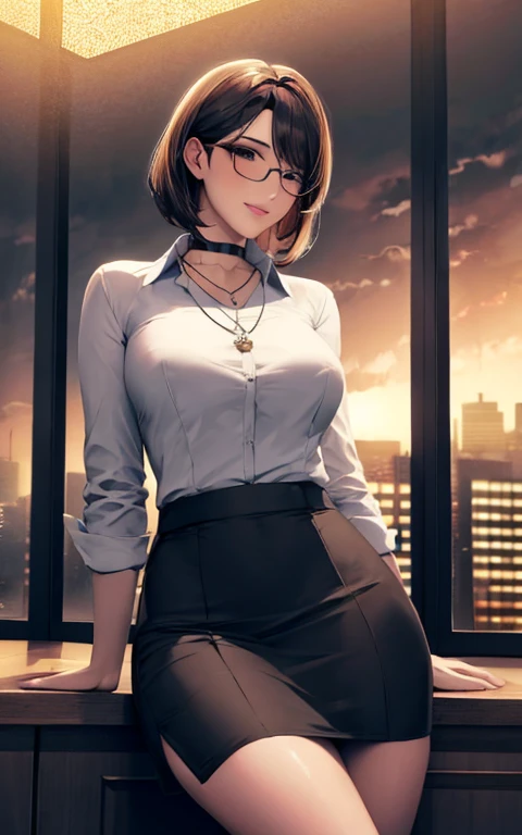 tomboy, solo, (very short hair, pixie cut, brown hair), circle-glasses, cute girl, perfect female body, big breasts, cleavage, toned stomach, beautiful limbs, (((((white Shirt))))), black bra top, Distressed jeans short pants, She is standing next to the bed., (((((Roll up your shirt and put it in your mouth))))), Inside the house, night, Moody lighting, Teasing facial expressions, Seductive Eyes, UHD, masterpiece, anatomically correct, textured skin, high details, high quality, anatomically correct, textured skin, high quality