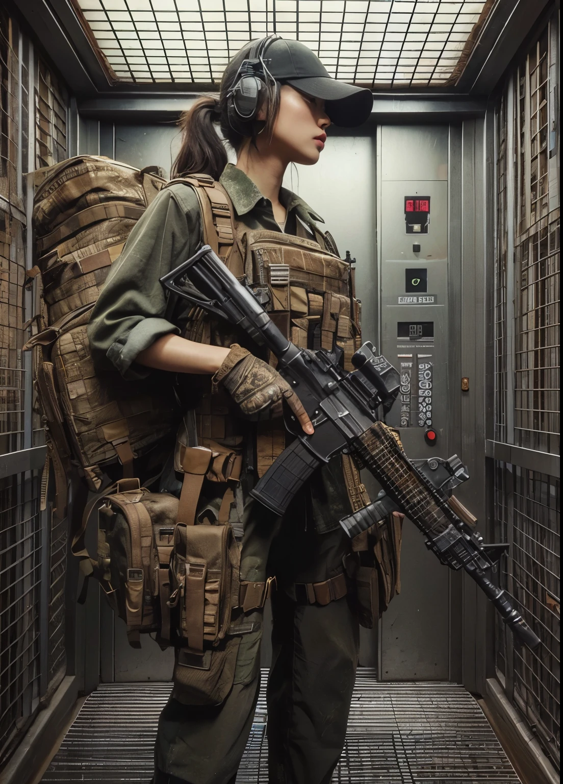 photorealistic、realistic skin texture、automatic rifle