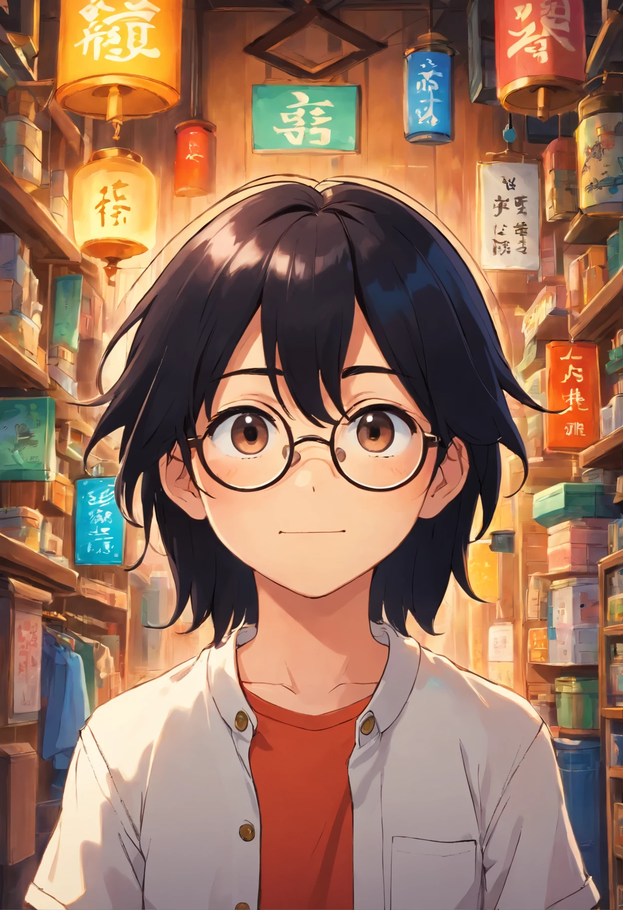 glasses male male子 black hair Lack of energy I'm worried front My eyes are hidden by my bangs long bangs Ghibli anime beautiful I'm in trouble dark face sorry shirt looking down smile