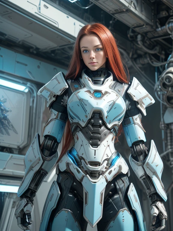 Photorealistic Image ((Masterpiece)), ((High Quality)) UHD 8K, of a Beautiful, Realistic Slim Lights Transforming Robot, (Medium Chest), (Skinny Waist), (Long red Hair), (Blue Eyes)), ((Hyper-realistic mecha armor, with white metal and intricate ice blue lights)), (in combat position, on a futuristic ship, science fiction)