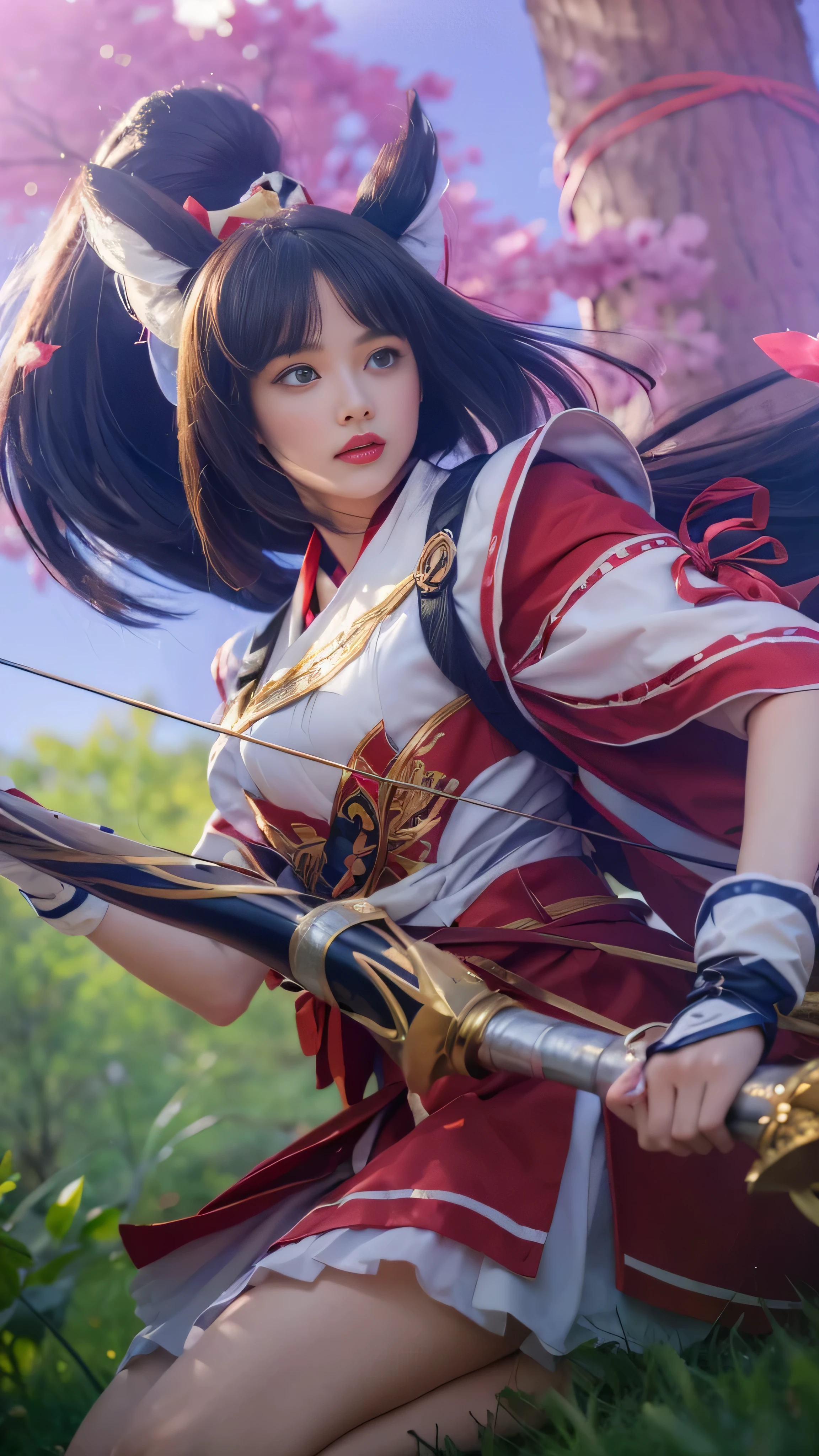 8k, highly detailed, beautiful girl with bow and arrow in a field with trees in the background, blue eyes, red lipstick