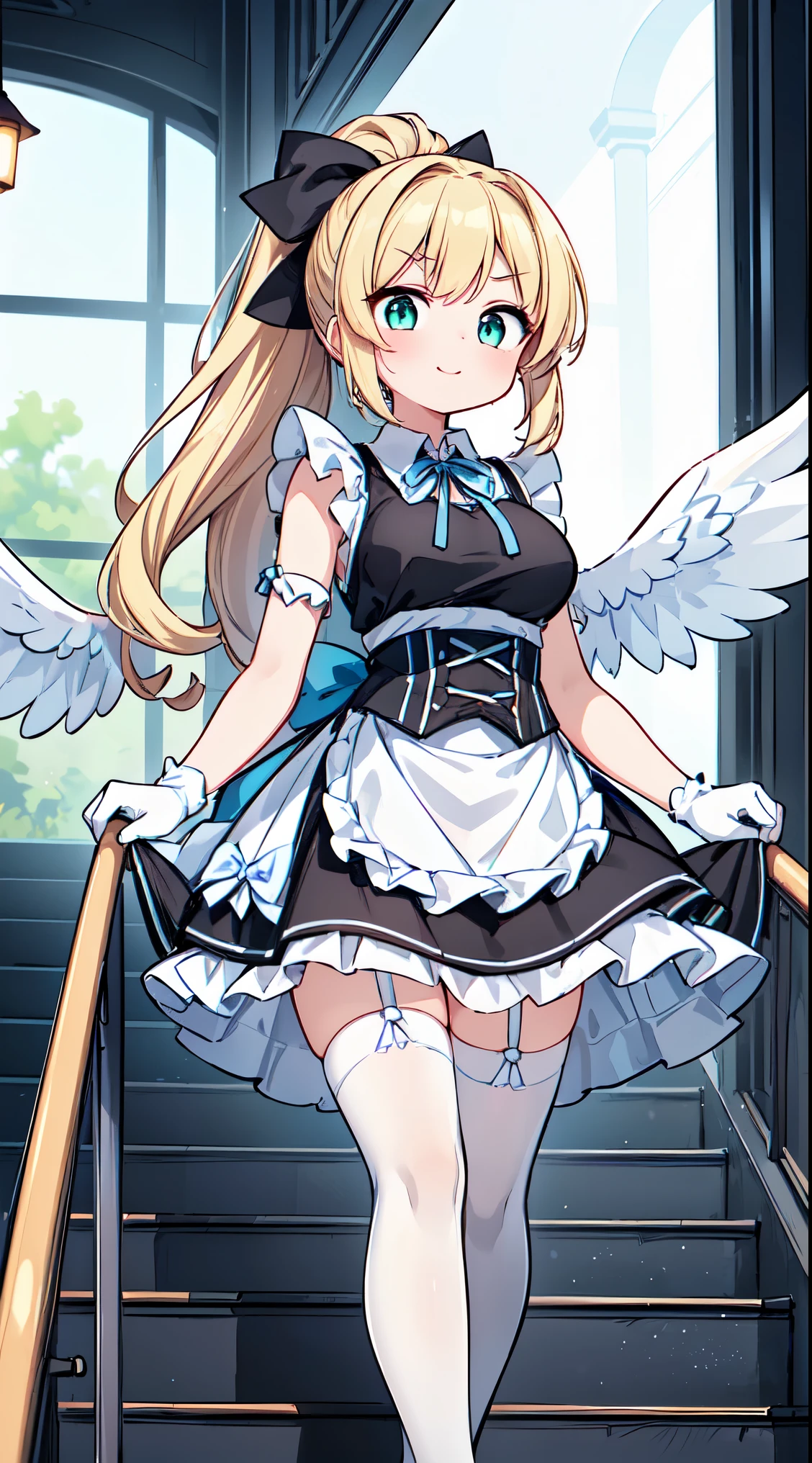 (super fine illustration:1.2),(masterpiece, 8k), (best quality, high quality:1.4), perfect anatomy, hyper detailed, ultra detailed,masterpiece background,beautiful detailed background, v8k wallpaper,perfect design,award-winning art,atmospheric,


BREAK,  1 beautiful girl, girl, (cute:1.5),(Little:0.5),(cute:2.0),(change:2.0),(12 year old girl),(big breasts:1.65),(chin hair,blonde,blue bow,green eyes,Eyebrows visible through the hair,side lock,long hair with bangs parted, hair flower, hair ornaments, big ribbon in hair, curly hair, ponytail:1.6),:he, white feathers, one thin white wing, Ang he wings, spread your wings, shining wings),pit \black},glowing skin, beautiful skin, Shining beautiful skin, open your mouth, bashful smile, alone, tooth, upper teeth,(long eyheashes, double eyheids:1.2),alone, glowing skin, beautiful skin, Shining beautiful skin,(highest quality face),(highest quality shining eyes),(surprise),

BREAK, (white and black theme:1.4), (fusion of (sleeveless white high neck and collared [crop top]) and (black puff sleeves):1.4), (white tops and black short sleeves:1.2), (wearing a white half apron over a black skirt:1.4), (waist cincher:1.3), (white half apron), ((white maid head-band with ruffles on head, white brim on head):1.3), (white thigh high stockings:1.4), ((white arm warmers, white long glove):1.3), (black heeled pumps:1.2),
BREAK (light-blue theme:1.2), (light-blue lines on skirt:1.3), (light-blue ribbon bow on neck:1.3), standing, field, lake, trees, outdoor




BREAK,wakame,wakame,wakame,(looking up,from below:1.5) 

(going up on stairs:1.5),


BREAK,(Blurry background:1.3),(absurderes, hight resolution, Super Detail Art),cel shading,Clear Color, Lonely optical effect, Beautiful pictures, Bright glow, mystic atmosphere,(Close-up of girl:1.1), Mystical light particle effect,manga influence, clean line drawings, 