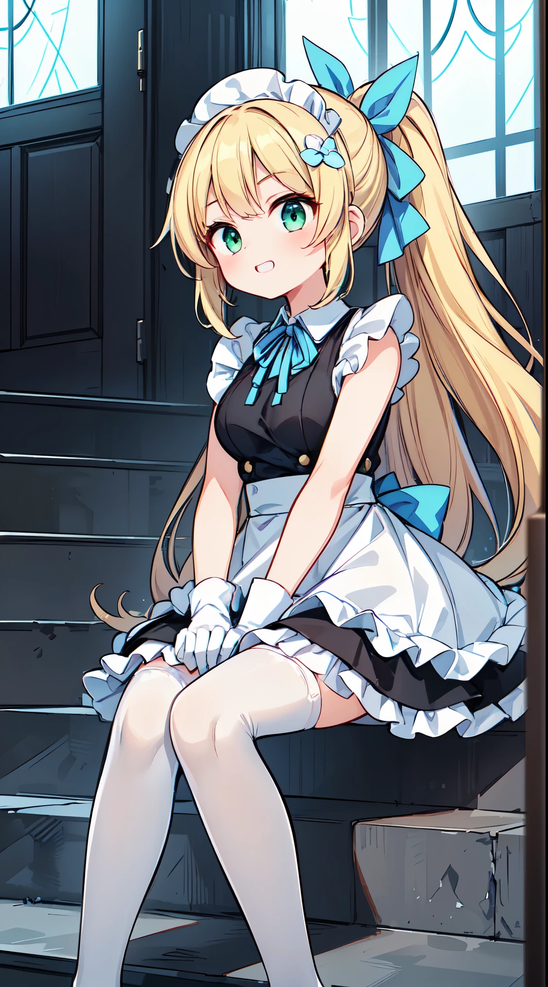 (super fine illustration:1.2),(masterpiece, 8k), (best quality, high quality:1.4), perfect anatomy, hyper detailed, ultra detailed,masterpiece background,beautiful detailed background, v8k wallpaper,perfect design,award-winning art,atmospheric,


BREAK,  1 beautiful girl, girl, (cute:1.5),(Little:0.5),(cute:2.0),(change:2.0),( girl),(big breasts:1.65),(chin hair,blonde,blue bow,green eyes,Eyebrows visible through the hair,side lock,long hair with bangs parted, hair flower, hair ornaments, big ribbon in hair, curly hair, ponytail:1.6),:he, white feathers, one thin white wing, Ang he wings, spread your wings, shining wings),pit \black},glowing skin, beautiful skin, Shining beautiful skin, open your mouth, bashful smile, alone, tooth, upper teeth,(long eyheashes, double eyheids:1.2),alone, glowing skin, beautiful skin, Shining beautiful skin,(highest quality face),(highest quality shining eyes),(surprise),

BREAK, (white and black theme:1.4), (fusion of (sleeveless white high neck and collared [crop top]) and (black puff sleeves):1.4), (white tops and black short sleeves:1.2), (wearing a white half apron over a black skirt:1.4), (waist cincher:1.3), (white half apron), ((white maid head-band with ruffles on head, white brim on head):1.3), (white thigh high stockings:1.4), ((white arm warmers, white long glove):1.3), (black heeled pumps:1.2),
BREAK (light-blue theme:1.2), (light-blue lines on skirt:1.3), (light-blue ribbon bow on neck:1.3), standing, field, lake, trees, outdoor




BREAK,wakame,wakame,wakame,(looking up,from below:1.5) 

(going up on stairs:1.5),


BREAK,(Blurry background:1.3),(absurderes, hight resolution, Super Detail Art),cel shading,Clear Color, Lonely optical effect, Beautiful pictures, Bright glow, mystic atmosphere,(Close-up of girl:1.1), Mystical light particle effect,manga influence, clean line drawings, 