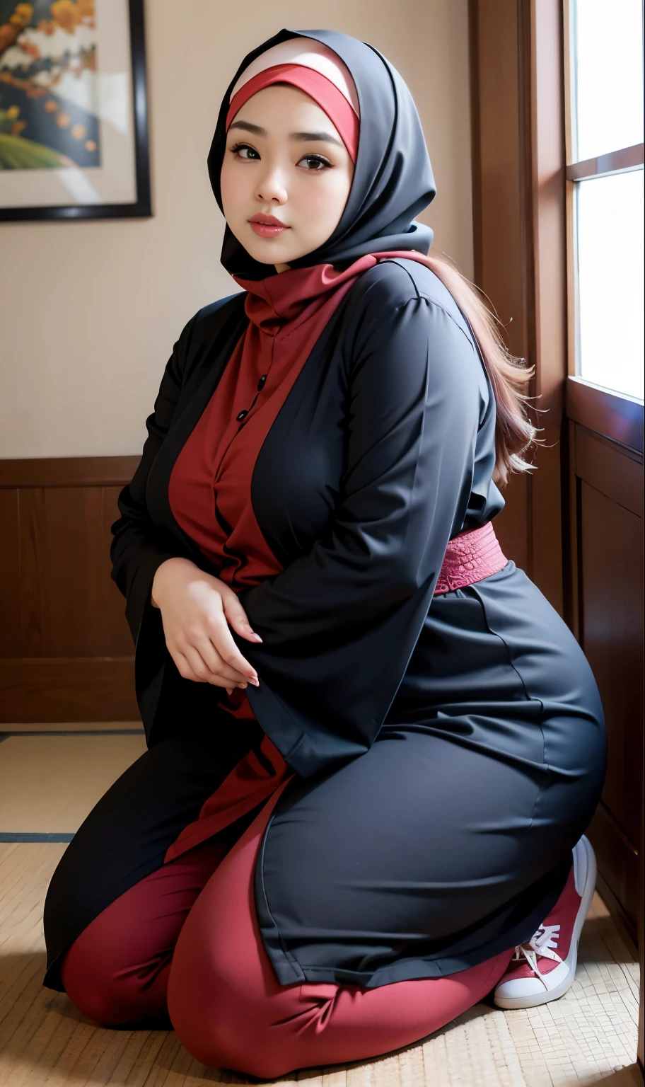 there is a woman kneeling down with a hijab, bbwchan, thicc, hijab outfit, hijab fashion model, korean girl, korean woman, wearing black robe, full length shot, alluring plus sized model, japanese goddess, clothed in hooded, voluptuous and arousing, portrait shot, curvy model, voluptuous body, wonderful, nene tanaka body , bbwchan, wearing red sneakers 