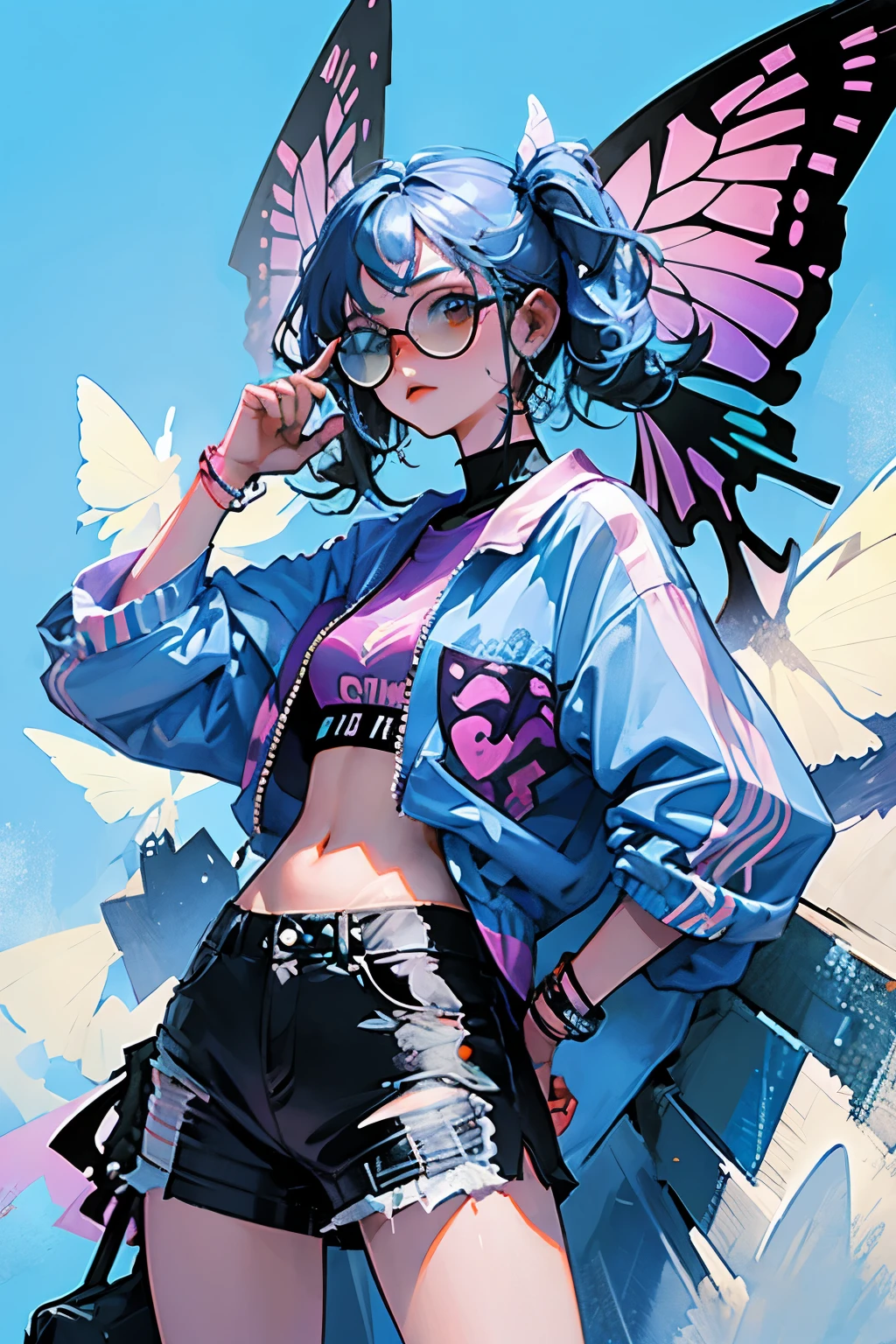 french girl with insanely creatively unique butterfly style, wearing colorful neon sunglasses, cool pose with finger pose, cool background

