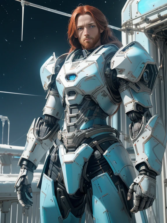 Photorealistic Image ((Masterpiece)), ((High Quality)) UHD 8K, of a Beautiful, Realistic Slim Lights Transforming Robot, (Medium Chest), (Skinny Waist), (Long red Hair), (Blue Eyes)), ((Hyper-realistic mecha armor, with white metal and intricate ice blue lights)), (in combat position, on a futuristic ship, science fiction)