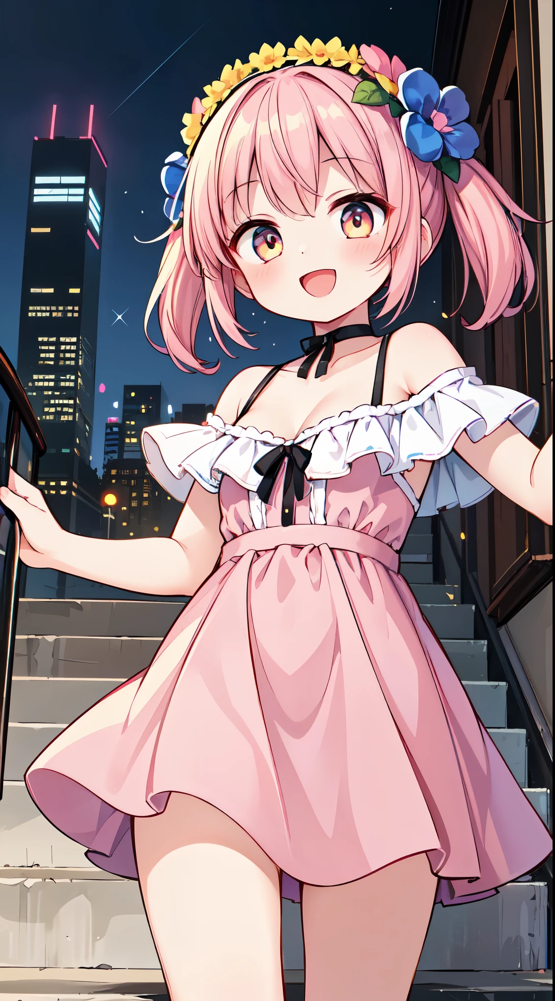 (super fine illustration:1.2),(masterpiece, 8k), (best quality, high quality:1.4), perfect anatomy, hyper detailed, ultra detailed,masterpiece background,beautiful detailed background, v8k wallpaper,perfect design,award-winning art,atmospheric,
BREAK, 1 beautiful girl, Solo,(Cute:1.5),(Chibi:0.8), (kawaii:1.5),(:0.5), BREAK, (girl, Cute, Cheerful, face, medium breasts:1.2),(Pink hair,disheveled short twin tails,tareme,Gold eyes:1.2),gleaming skin,Clear skin, cleavage of the breast,Beautiful , gleaming skin,Clear skin, Beautiful skin,( A smile:1.5),(best quality face),(Top quality glowing eyes),(The best smile,:D:1.45),
BREAK, (1girl, solo, looking at viewer, walking:1.2), (city, fantastic scenery:1.5),
BREAK (pink dress, white frills, white glove, off shoulder, black choker:1.3), (flower crown, flower head, side flower head, flower hair ornament:1.5)
BREAK,wakame,wakame,wakame,(looking up,from front below:1.5)
(going up on stairs:1.5),
BREAK,(Blurry background:1.3),(absurderes, hight resolution, Super Detail Art),cel shading,Clear Color, Lonely optical effect, Beautiful pictures, Bright glow, mystic atmosphere,(Close-up of girl:1.1), Mystical light particle effect,manga influence, clean line drawings,