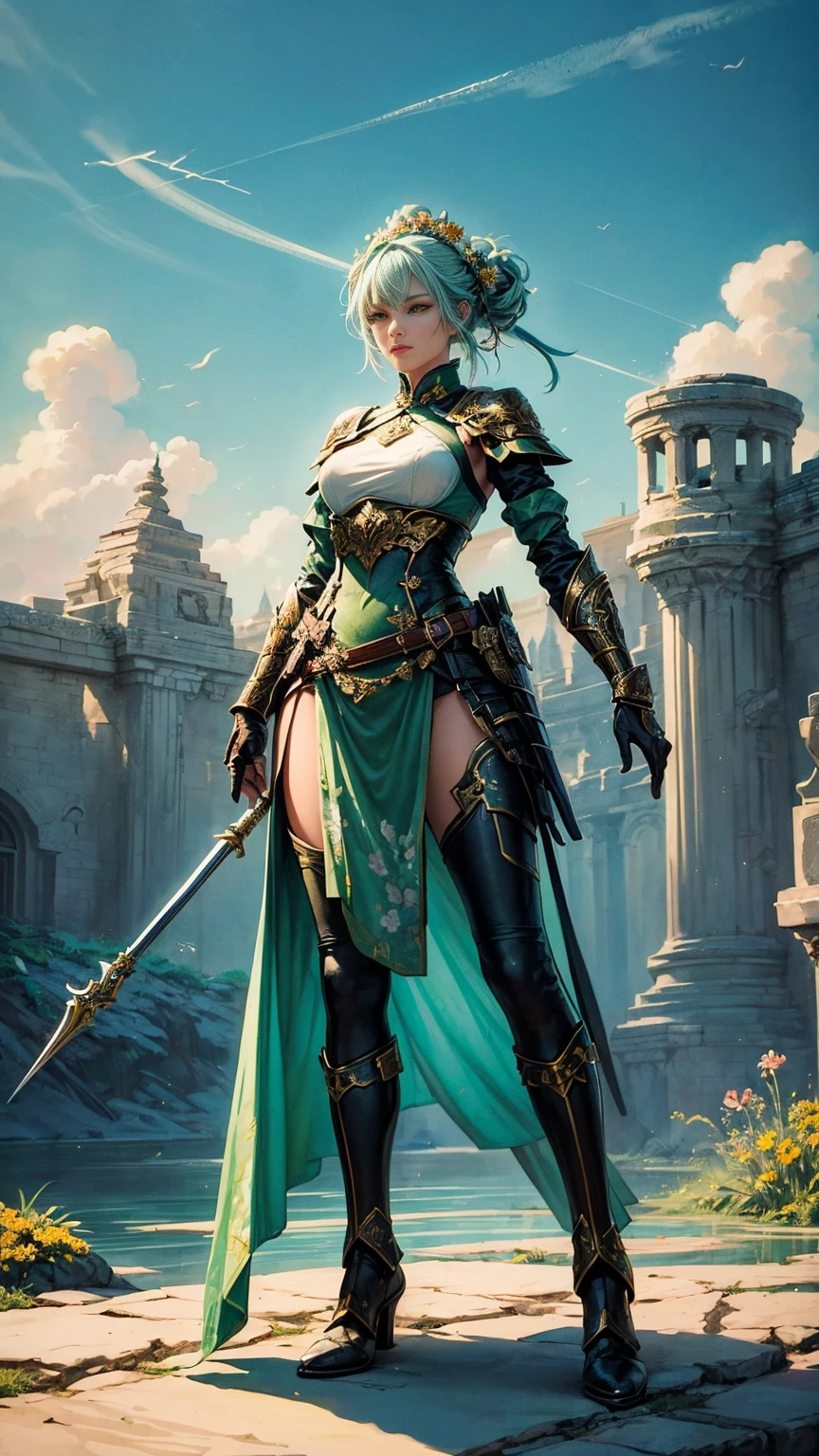 a full body picture of figures，Depicts a fantasy female warrior in a holding a staff。 standing in an imposing pose，The expression is threatening。battle outfit in shades of green。Soft, warm lighting highlights her thoughtful gaze。Create using：digital strokes、Reflect emotions、wild scene、Detailed character research、ambient color、chaotic atmosphere、glibatree tips、HD quality、Natural look。Focus on showing the power and of female warrior, (floral watercolor painting:1.5)，(Super high saturation, bright and vivid colors:1.5), (nsfw), (Look at the audience head-on:1.5)