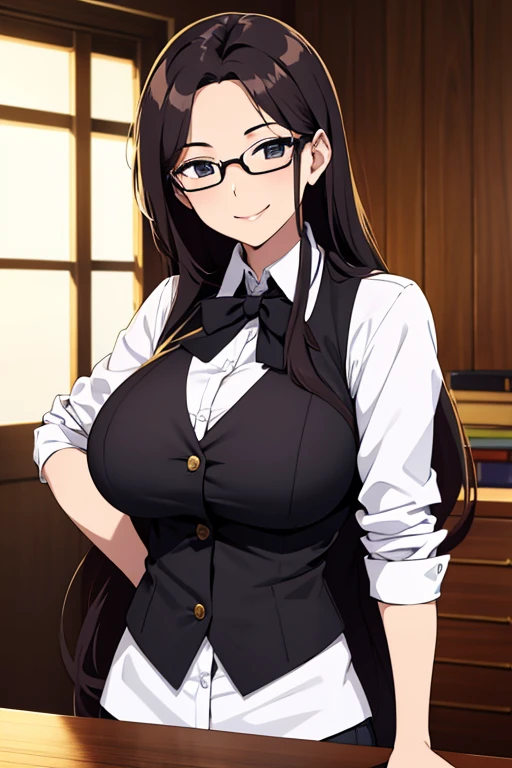 Beautiful woman, secretary, glasses, smiling, long hair, sexy face and body, big breast, black vest, white shirt, best quality 