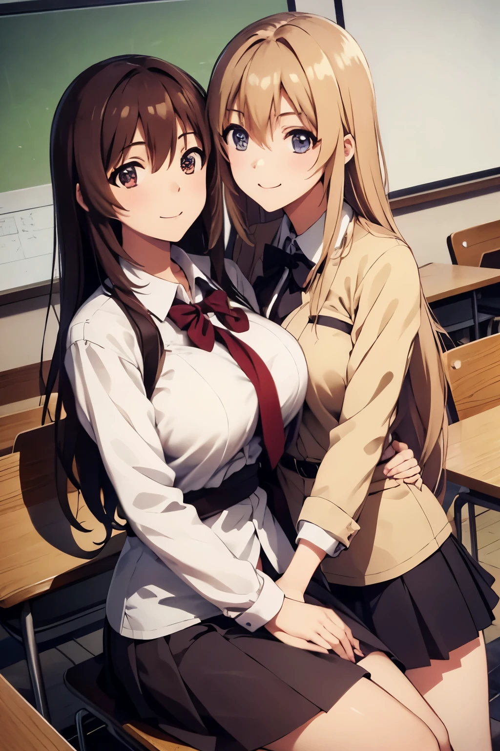 Full body, Japanese high school student, two lesbian couples, a girl with wavy hair and a girl with straight hair, cute, big eyes, small nose, big breasts, slender, shirt, classroom, cuddling, smiling,