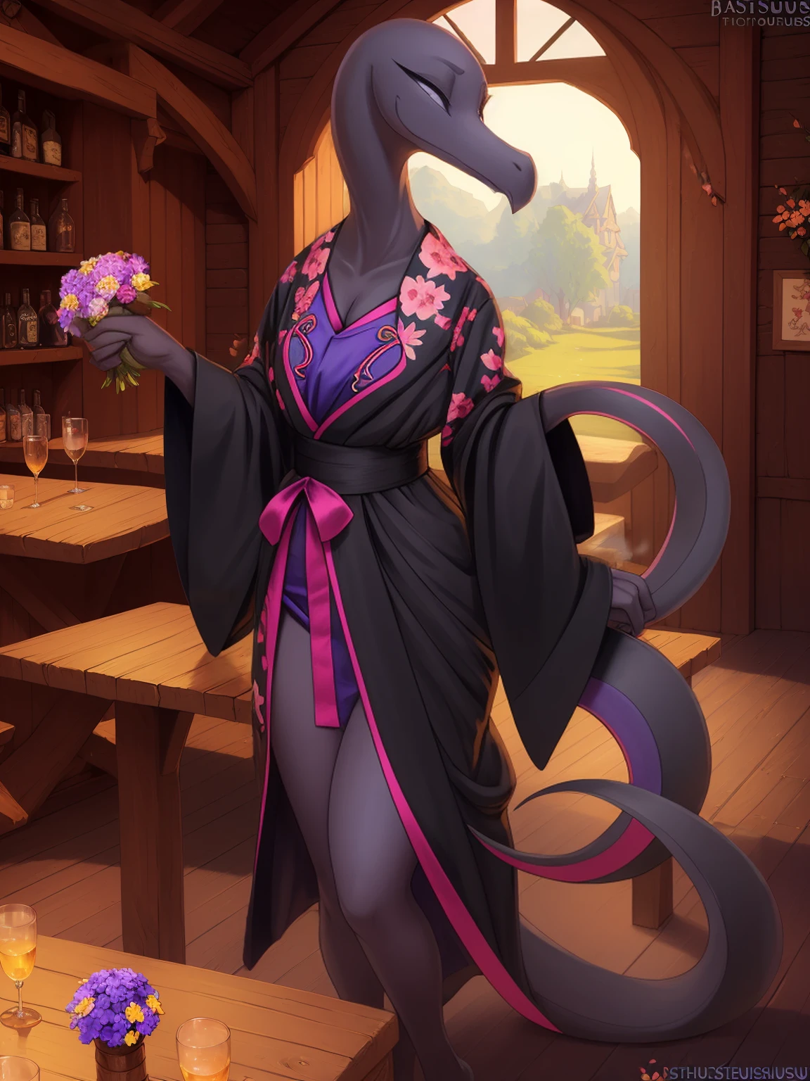 uploaded on e621, 3d , (bastika, cutesexyrobutts, hioshiru), female, solo, salazzle, tavern, (wearing a black kimono, long kimono, kimono with long sleeves, flowers on kimono) happy, natural breasts, long flowing tail