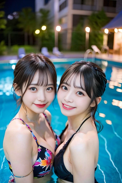 highest quality, masterpiece, ultra high resolution, (realistic:1.4), Raw photo, ultra detail,
late at night, ((three girls, Three members of a popular Japanese idol group having a blast at the night pool, completely drunk, each looked at each other, laughing out loud)), Wearing a colorful and gorgeous bikini, (dynamic pose:1.3),
They have very cute faces like famous Japanese idols., All amazingly beautiful big black solid circle eyes, all beautiful shoulders, all beautiful breasts, All beautiful valleys, All beautiful bodies,
All the detailed aspects, All the detailed eyes, All detailed hair, All detailed shoulders, All Detailed Breasts, All detailed cleavage, All Detailed Bodies