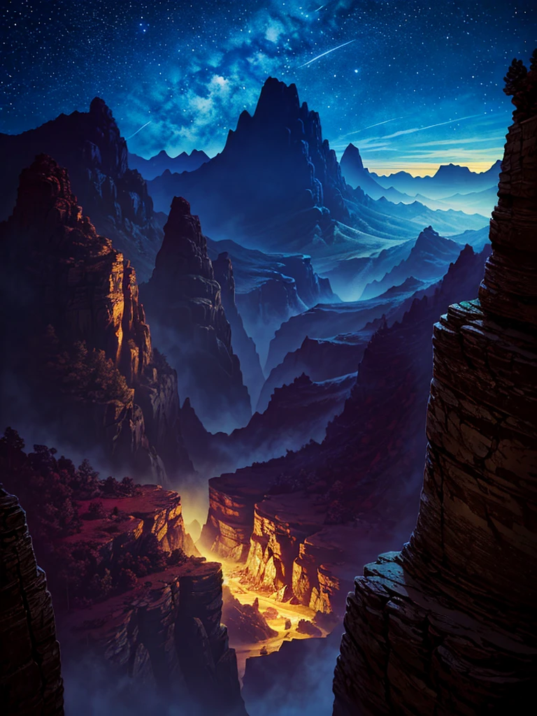 (((masterpiece、Highest image quality、highest quality、highly detailed unity 8kwallpaper)))、(fantasy、Grand canyon)、night、beautiful starry sky、octans