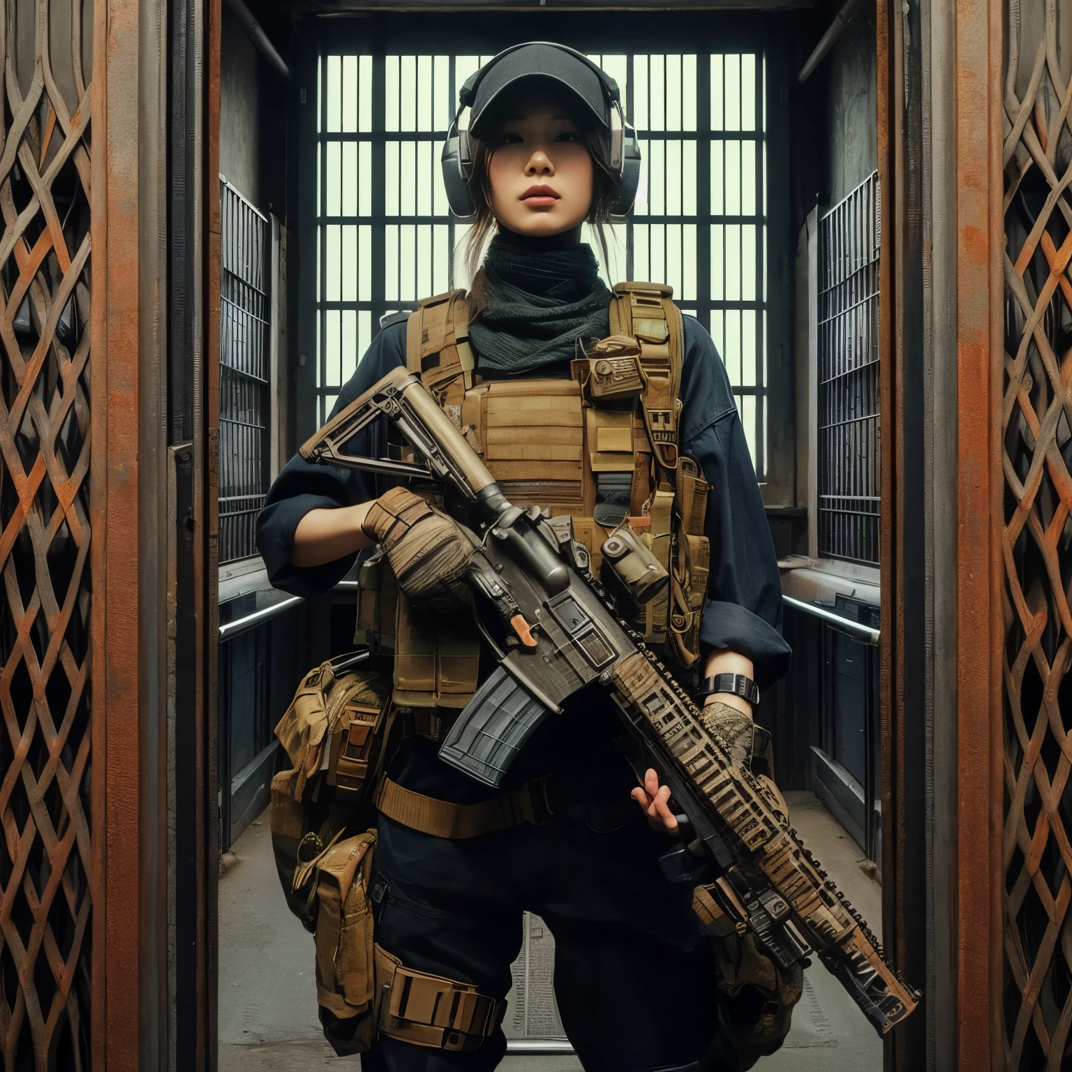 photorealistic、realistic skin texture、automatic rifle