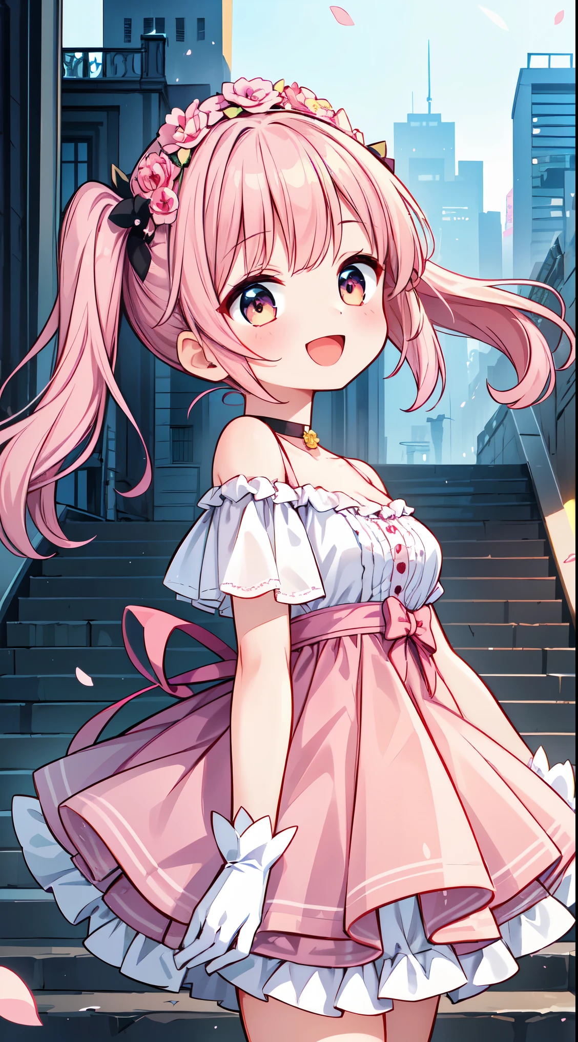 (super fine illustration:1.2),(masterpiece, 8k), (best quality, high quality:1.4), perfect anatomy, hyper detailed, ultra detailed,masterpiece background,beautiful detailed background, v8k wallpaper,perfect design,award-winning art,atmospheric,
BREAK, 1 beautiful girl, Solo,(Cute:1.5),(Chibi:0.8), (kawaii:1.5),(:0.5), BREAK, (girl, Cute, Cheerful, face, medium breasts:1.2),(Pink hair,disheveled short twin tails,tareme,Gold eyes:1.2),gleaming skin,Clear skin, cleavage of the breast,Beautiful , gleaming skin,Clear skin, Beautiful skin,( A smile:1.5),(best quality face),(Top quality glowing eyes),(The best smile,:D:1.45),
BREAK, (1girl, solo, looking at viewer, walking:1.2), (city, fantastic scenery:1.5),
BREAK (pink dress, white frills, white glove, off shoulder, black choker:1.3), (flower crown, flower head, side flower head, flower hair ornament:1.5)
BREAK,wakame,wakame,wakame,(looking up,from front side:1.5)
(going up on stairs:1.5),
BREAK,(Blurry background:1.3),(absurderes, hight resolution, Super Detail Art),cel shading,Clear Color, Lonely optical effect, Beautiful pictures, Bright glow, mystic atmosphere,(Close-up of girl:1.1), Mystical light particle effect,manga influence, clean line drawings,