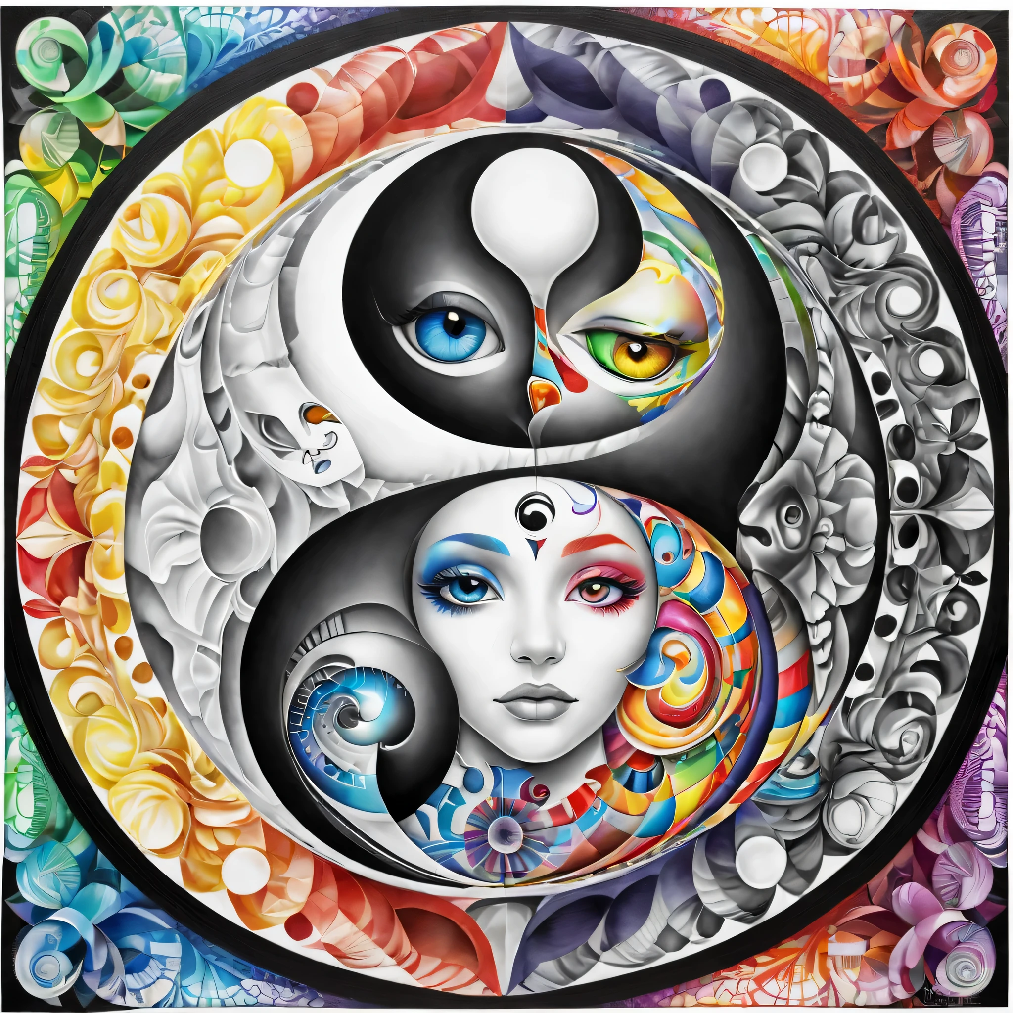 Make a yin yang mandala symbolizing balance and balance, Coloring book illustration, black and white, thin line art, Thin line drawing (The brain), Eduardo Kobra (Eduardo Kobra) Quilting ,geometric portrait wall, until, chibi, Yang08k, beautiful, colorful, masterpiece, better quality, better quality, until oficial, Beautiful and beautiful