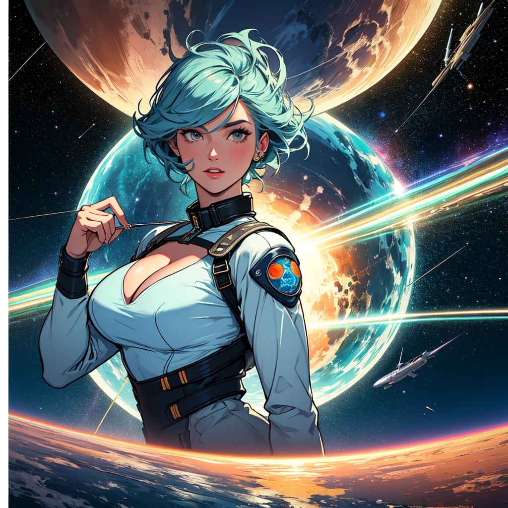 (((32k))),(((highest quality))),(Perfect One Woman),60's,70's,80's,old movie posters,retro,vintage,bauhaus,abstract,Space Thriller Movie Poster,Futuristic,shape,OK,cosmos,galaxy,satellite,mechanical,Geometric pattern,meteor,meteorite,planet,very delicate,宇宙飛OK士,Milky Way,big breasts,cleavage,rainbow,massive stream of light,flare,overlay,aurora,Starry sky,infinite possibilities,