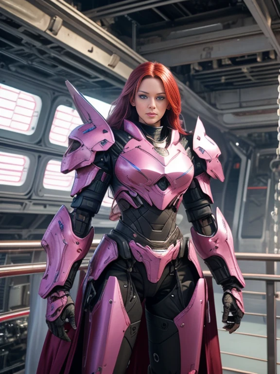 Photorealistic Image ((Masterpiece)), ((High Quality)) UHD 8K, of a Beautiful, Realistic Slim Lights Transforming Robot, (Medium Chest), (Skinny Waist), (Long red Hair), (Blue Eyes)), ((Hyper-realistic mecha armor, with pink metal and intricate ice blue lights)), (in combat position, on a futuristic ship, science fiction)