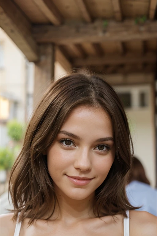 jeune femme brune, souriante, longs cheveux bruns, cheveux bouclés, yeux verts, chemsier blanc
