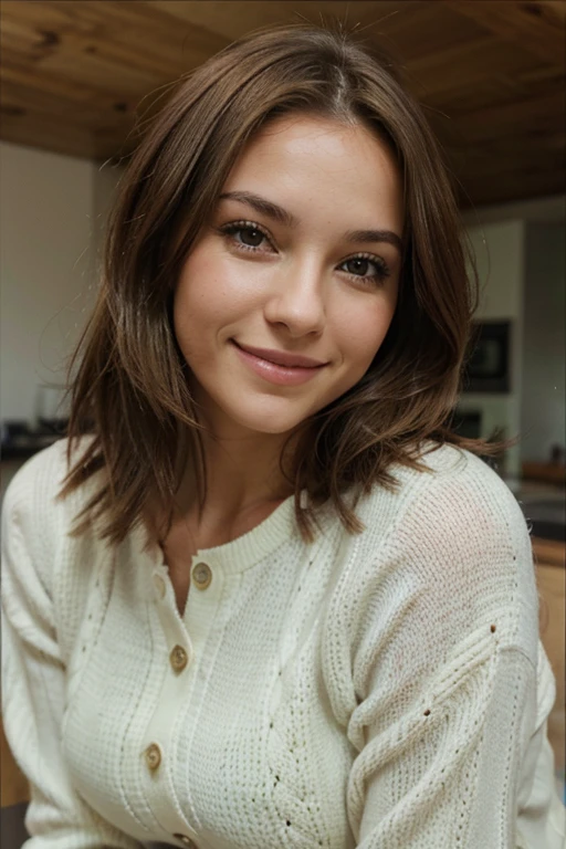 jeune femme brune, souriante, longs cheveux bruns, cheveux bouclés, yeux verts, chemsier blanc