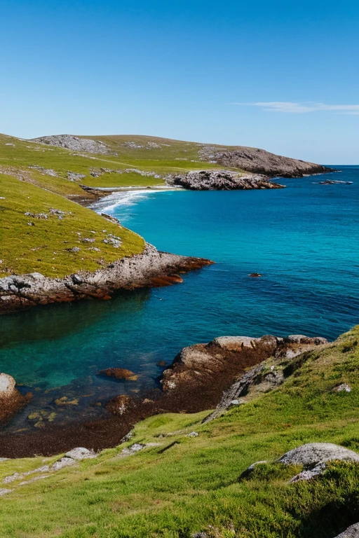 Craft a clean and evocative prompt that captures the authentic essence of Fogo Island during daylight. Picture the real water gently lapping against the coast, reflecting the natural hues of the landscape. Transport readers to this serene island retreat, where the harmonious blend of untouched beauty, clear skies, and the tranquil waters creates a serene and picturesque setting without any stylized or artificial elements. Real Art Work