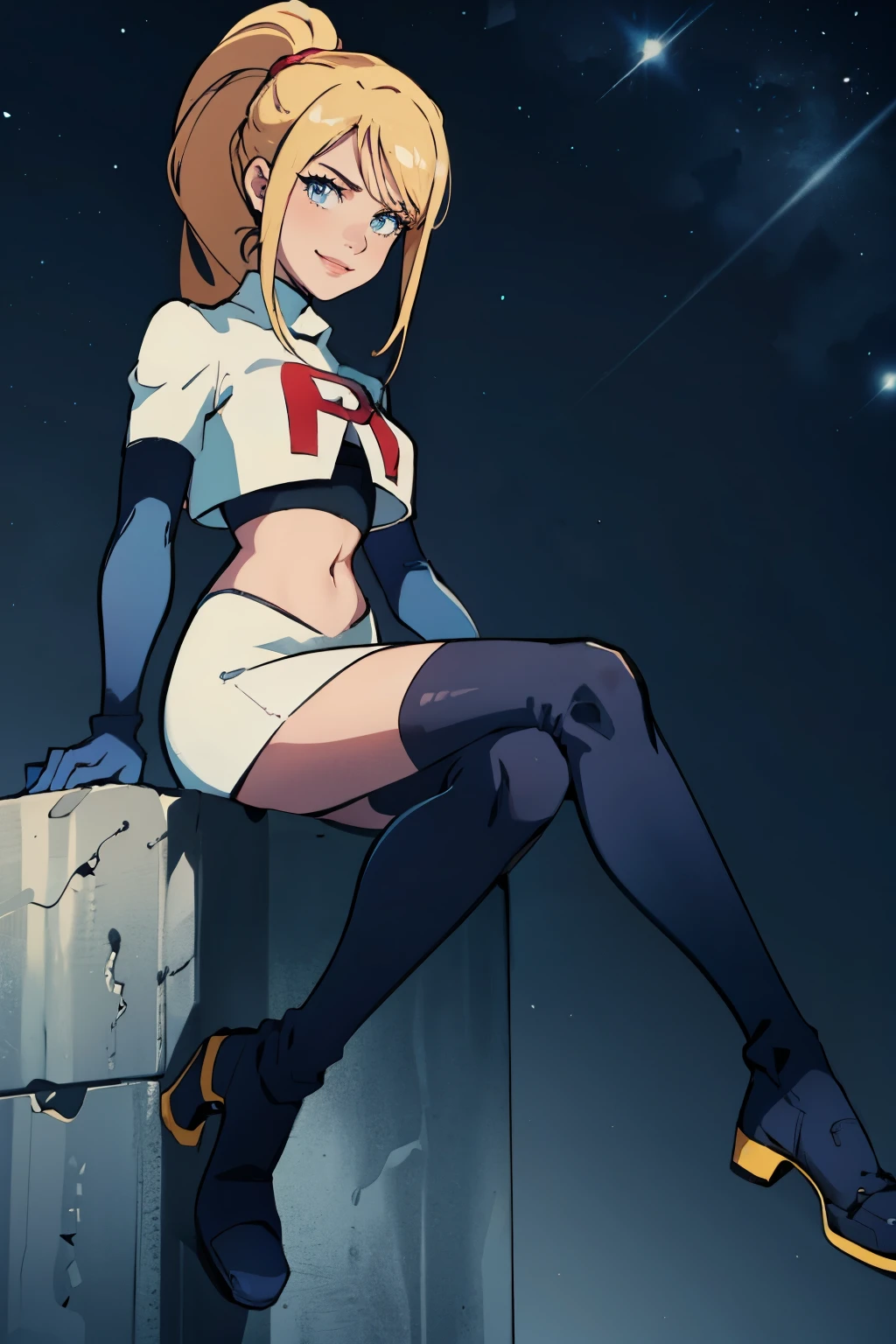 samus aran, ponytail, hair tie, team rocket, team rocket uniform, red letter R, white skirt, white crop top, black thigh-highs, black elbow gloves, evil smile, looking down on viewer, sitting down ,legs crossed, night sky background