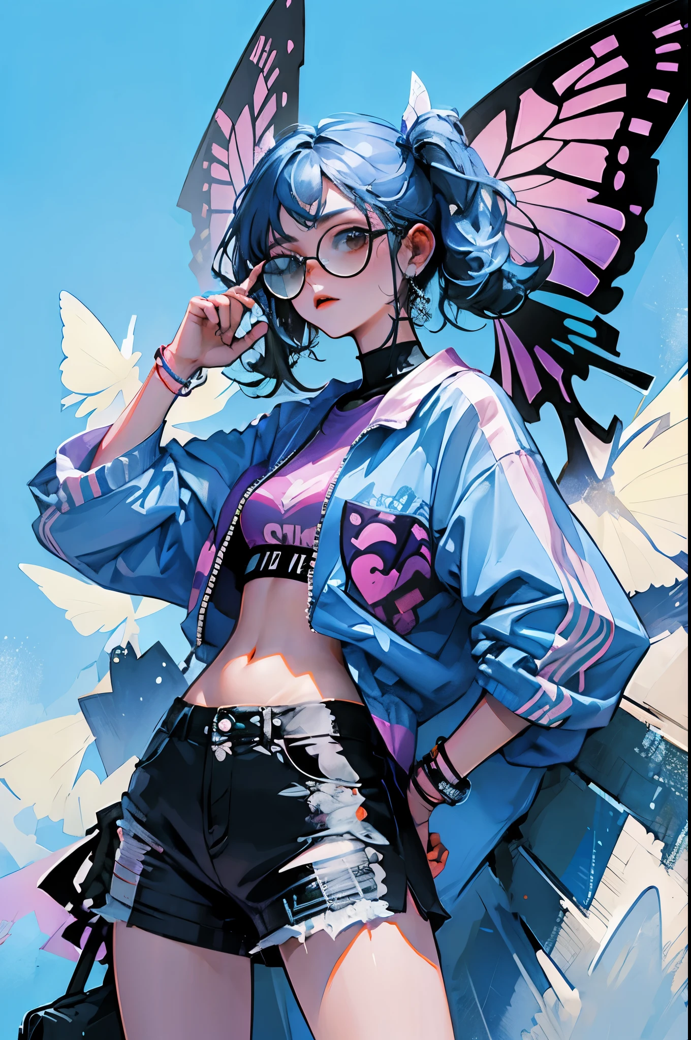 french girl with insanely creatively unique butterfly style, wearing colorful neon sunglasses, cool pose with finger pose, cool background
