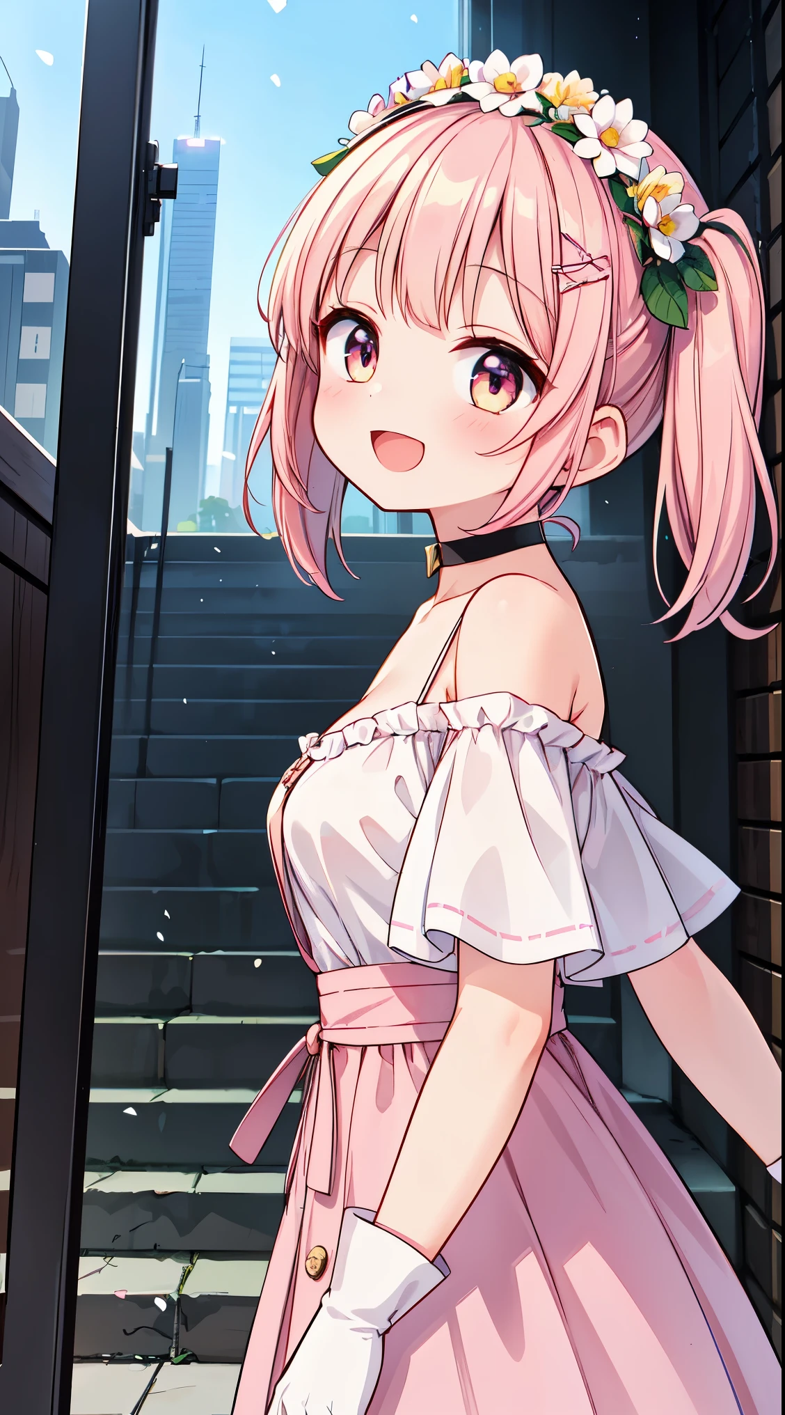 (super fine illustration:1.2),(masterpiece, 8k), (best quality, high quality:1.4), perfect anatomy, hyper detailed, ultra detailed,masterpiece background,beautiful detailed background, v8k wallpaper,perfect design,award-winning art,atmospheric,
BREAK, 1 beautiful girl, Solo,(Cute:1.5),(Chibi:0.8), (kawaii:1.5),(:0.5), BREAK, (girl, Cute, Cheerful, face, medium breasts:1.2),(Pink hair,disheveled short twin tails,tareme,Gold eyes:1.2),gleaming skin,Clear skin, cleavage of the breast,Beautiful , gleaming skin,Clear skin, Beautiful skin,( A smile:1.5),(best quality face),(Top quality glowing eyes),(The best smile,:D:1.45),
BREAK, (1girl, solo, looking at viewer, walking:1.2), (city, fantastic scenery:1.5),
BREAK (pink dress, white frills, white glove, off shoulder, black choker:1.3), (flower crown, flower head, side flower head, flower hair ornament:1.5)
BREAK,wakame,wakame,wakame,(looking up,from side:1.5)
(going up on stairs:1.5),
BREAK,(Blurry background:1.3),(absurderes, hight resolution, Super Detail Art),cel shading,Clear Color, Lonely optical effect, Beautiful pictures, Bright glow, mystic atmosphere,(Close-up of girl:1.1), Mystical light particle effect,manga influence, clean line drawings,