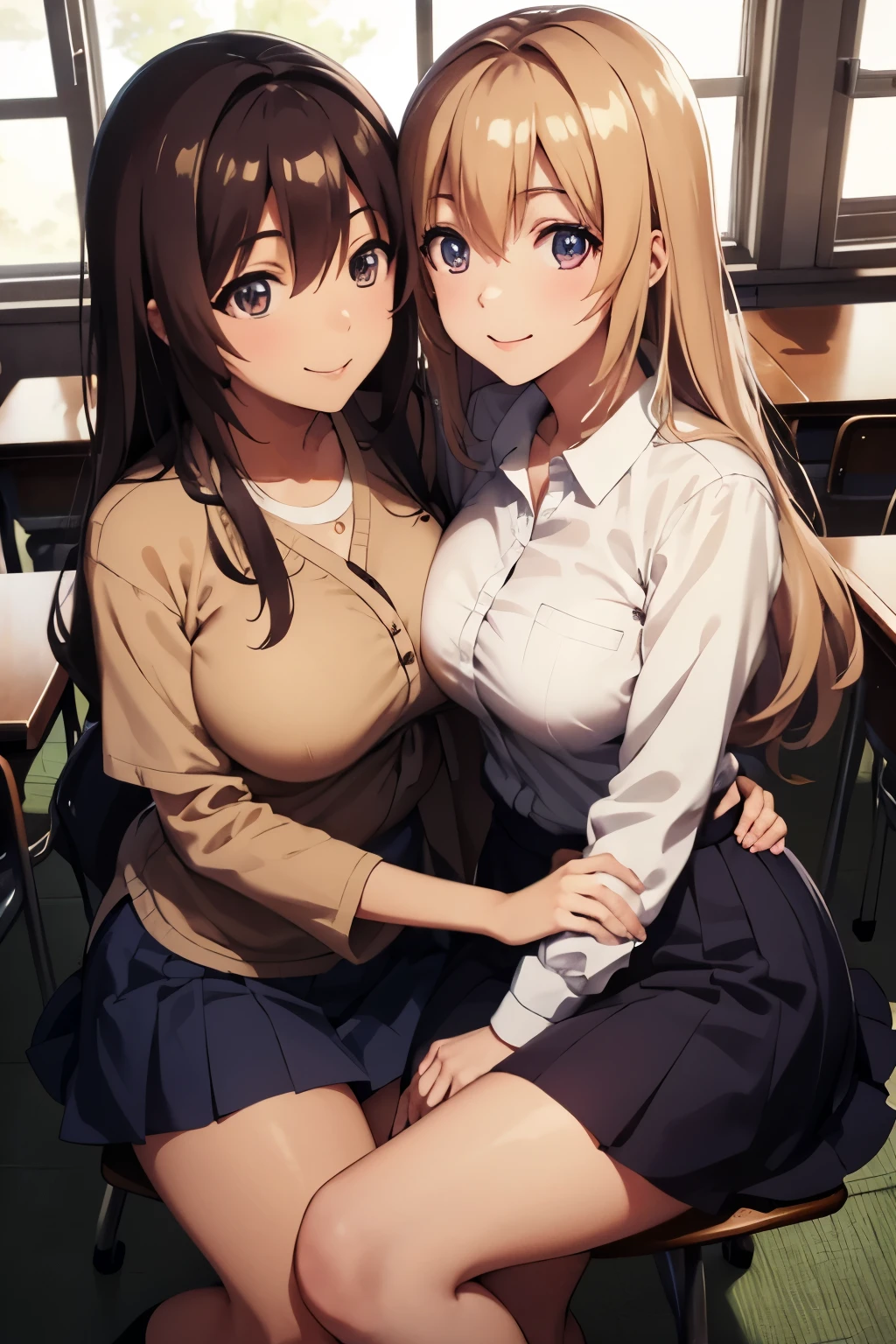 Full body, Japanese high school student, two lesbian couples, a girl with wavy hair and a girl with straight hair, cute, big eyes, small nose, big breasts, slender, shirt, classroom, cuddling, smiling,