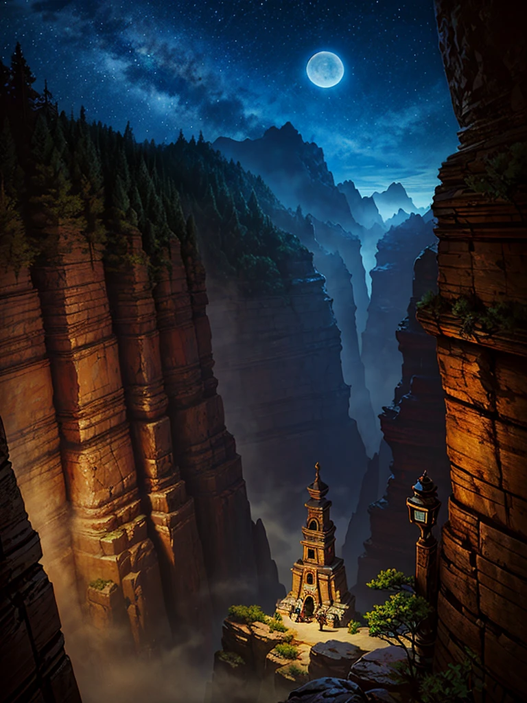(((masterpiece、Highest image quality、highest quality、highly detailed unity 8kwallpaper)))、(fantasy、Grand canyon)、night、beautiful starry sky、octans