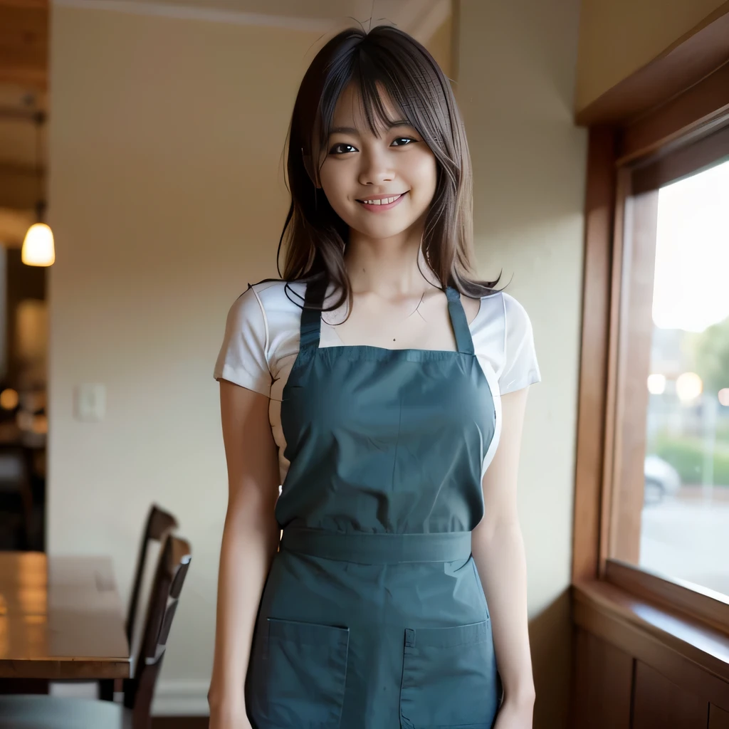 (Coffee shop)、High image quality/ultra high definition、girl、slender、(20-year-old)、(No bra、No underwear、direct apron)、(Dark blue skirt)、((Cute Smile))、high contrast、(realism:1.4)、looking at the camera、(flash)、Upper body、beautiful breasts、Anatomically accurate body、narrow eyes、Are standing、((Wearing a dark green apron:1.2))、cleavage、(cute smile)、