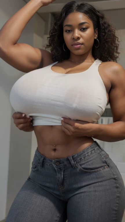 Jovem african, Wearing a white tank top with a large neckline and jeans, Sentada em um banco, ebony skin, corpo fitness, bela garota, Slim body, tall girl , sfw Gigantic curly hair, Sfw seios gigantescos:1.5, face delicada,