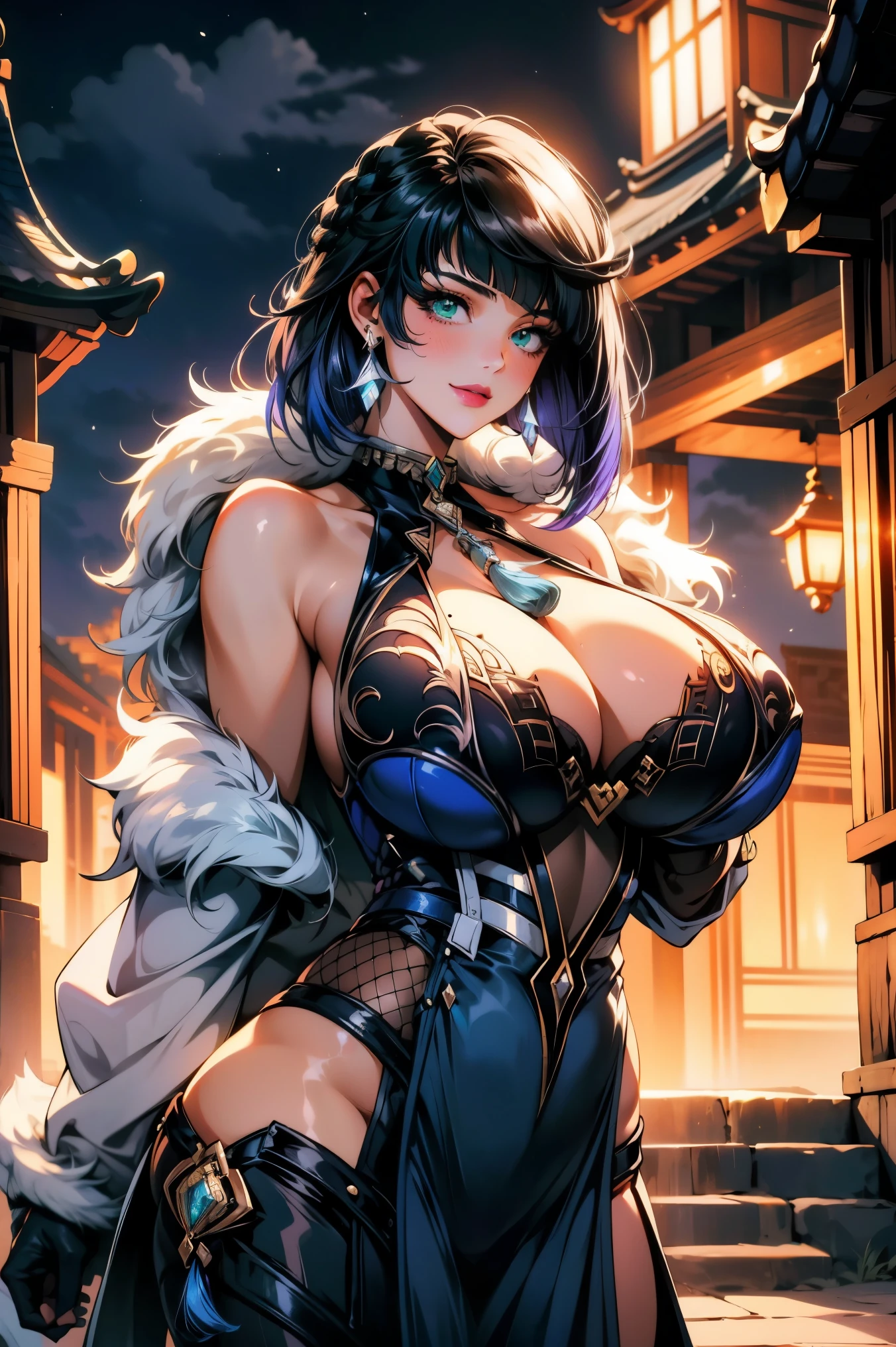 1girl, solo, bare shoulders, night sky, building, cloud, cowboy shot, earrings, east asian architecture, (hyper breasts:1.4), (gigantic breast:1.3), erect nipple, pufffy nipple, covered nipple, looking at viewer, outdoors, (night:1.2),(outdoors), (very detailed background), YelanV4, short hair, (blunt cut:1.2), gloves, dress, cleavage, jewelry, green eyes, jacket, earrings, fur trim, blue dress, white jacket, tassel, pelvic curtain, mole on breast, jacket on shoulders, vision (genshin impact), purple lips, dice、 BREAK (realistic:1.4), portrait, (masterpiece), (specular lighting:1.3), (hyperrealistic:1.2), (photorealistic face:1.2), (perfect face), (perfect eyes), (best quality), (8k), (4k), sharp focus, octane render, best quality, extremely detailed, intricate, fantasy, soft lighting, (gigantic hanging breasts), (skindentation:1.3), (chubby:1.2), (voluptuous:1.2), thick eyelashes, long eyelashes, smile, blush, oil