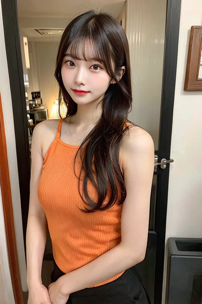 Asian woman with long hair wearing an orange top, David Diao photo, CG social trends, shin hanga, long hair asian girl, gorgeous chinese model, slim girl model photo, Beautiful young asian woman, gorgeous young model, gorgeous young korean woman, modeling photos, model with attractive body, beautiful asian woman, japanese model,Ocean
