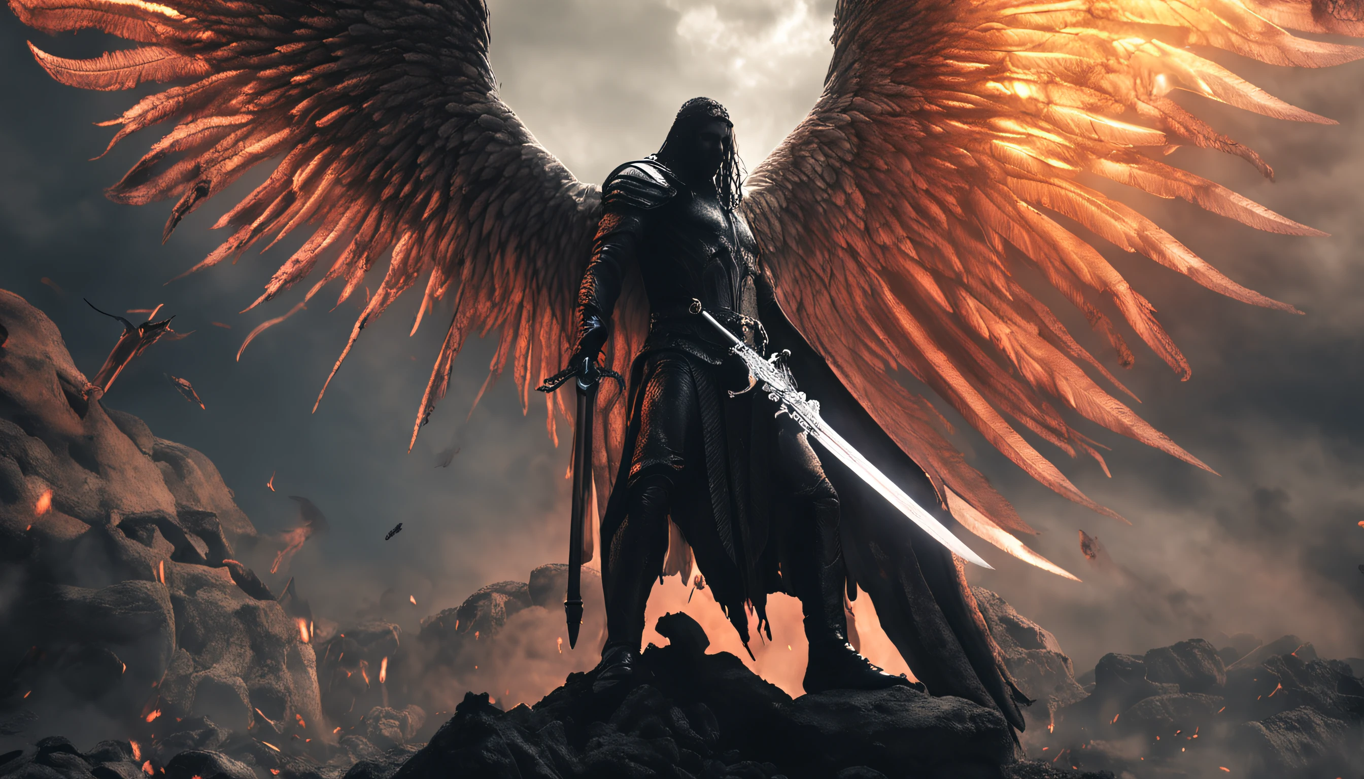 an image of an angel with a sword standing in hell, Anjo no inferno, arcanjo, angels vs demons, angel watching demon, angels and demons, anjo protegendo o homem, Arcanjo Miguel, O Anjo da Morte, Battle between angels and demons, anjo super largo, epic angel wings, angels protecting a praying man, necessidade humana anjo da morte. ((imagem epica)), ((alta qualidade))