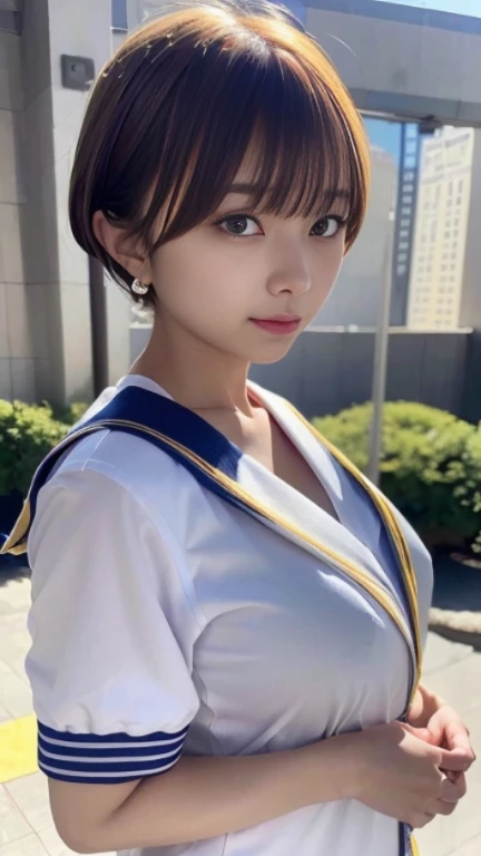 absurdres, (masterpiece, best quality), (ultra-detailed), extremely detailed,super high resolution, (Top Quality photorealistic Illustration), (Super Definition), (best quality,masterpiece:1.0),(cute illustration), (high Saturation), highres, ultra-detailed, 32k,8k resolution, intricate details, cinematic scene, detailed background, Soar (High chroma),(Sparkling),bathroom, depth background, in the sandy beach, ocean, splashing, blue sky, windy, rim light, sunlight, beautiful lighting, strong light,BREAK (1 girl) (kawaii), (cute), Beautiful and delicate eyes, Delicate and beautiful face, Facial accents, Perfect figure,(open shirt, bare breast:1.8), (show off beautiful nipples:1.8), (bare small areolas:1.4), Uniforms、bright expression、short bowl cut、Young shiny shiny white shiny skin、Best Looks、Natural black hair with dazzling highlights、shiny light hair, (short hair:1.6), silky straight hair、Beautiful bangs that shine、Double eyelids、eye liner、Glowing crystal clear attractive big brown eyes,(Very beautiful nice cute Nordic girl:1.6)