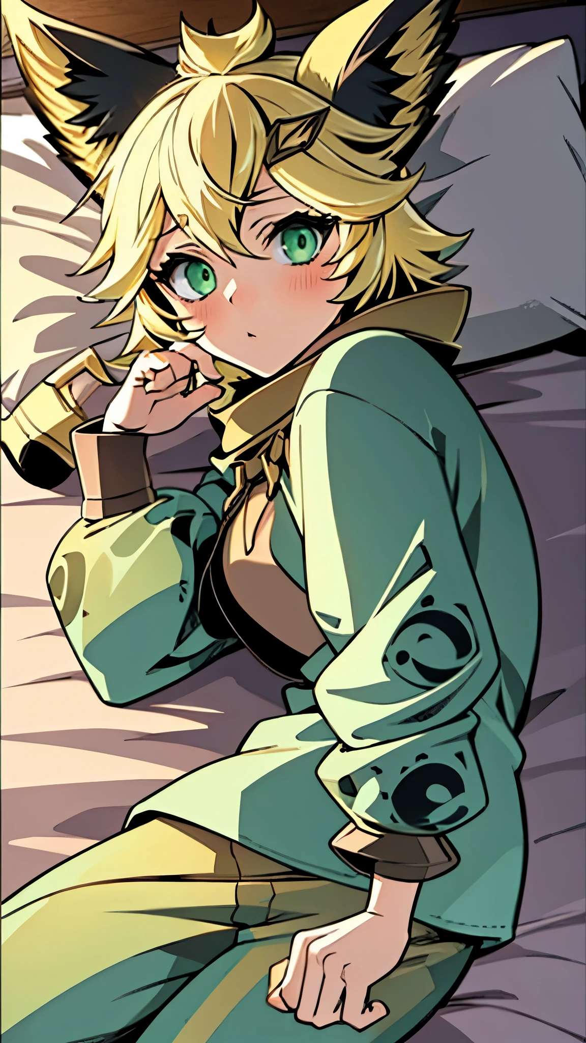 Masterpiece, high quality, 4k, best quality, Background in bedroom, girl, yellow hair, Green eyes, wearing pajamas, Animal ears, Sleep on your back on the bed