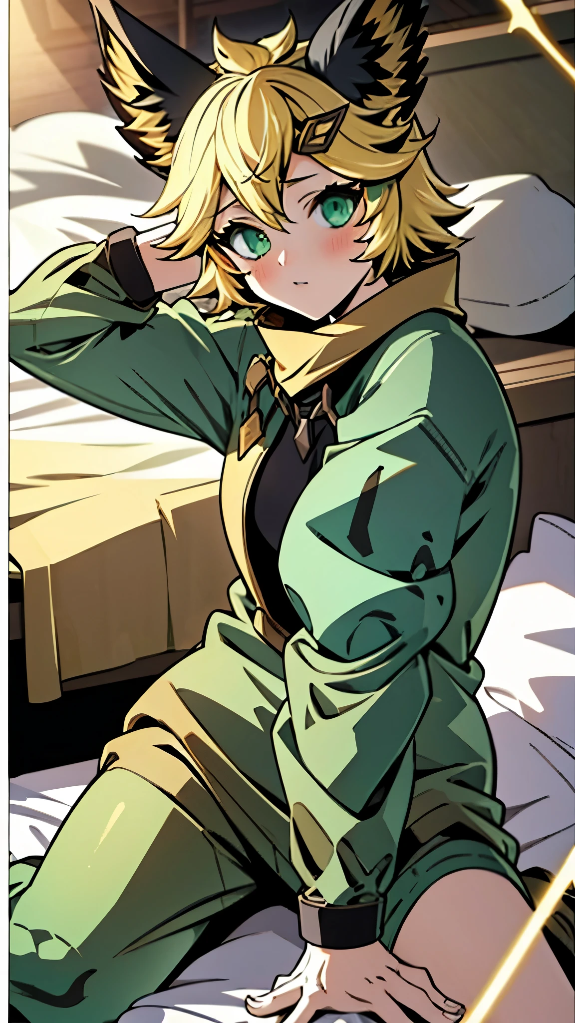 Masterpiece, high quality, 4k, best quality, Background in bedroom, girl, yellow hair, Green eyes, wearing pajamas, Animal ears, Sleep on your back on the bed