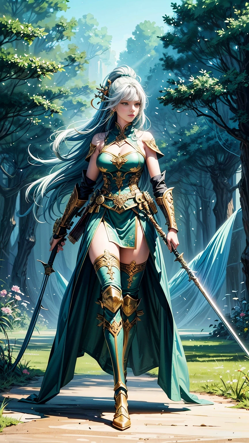 a full body picture of figures，Depicts a fantasy female warrior in a holding a staff。 standing in an imposing pose，The expression is threatening。full battle outfit in shades of green。Soft, warm lighting highlights her thoughtful gaze。Create using：digital strokes、Reflect emotions、wild scene、Detailed character research、ambient color、chaotic atmosphere、glibatree tips、HD quality、Natural look。Focus on showing the power and of female warrior, (floral watercolor painting:1.5)，(Super high saturation, bright and vivid colors:1.5), (nsfw), (Look at the audience head-on:1.5)