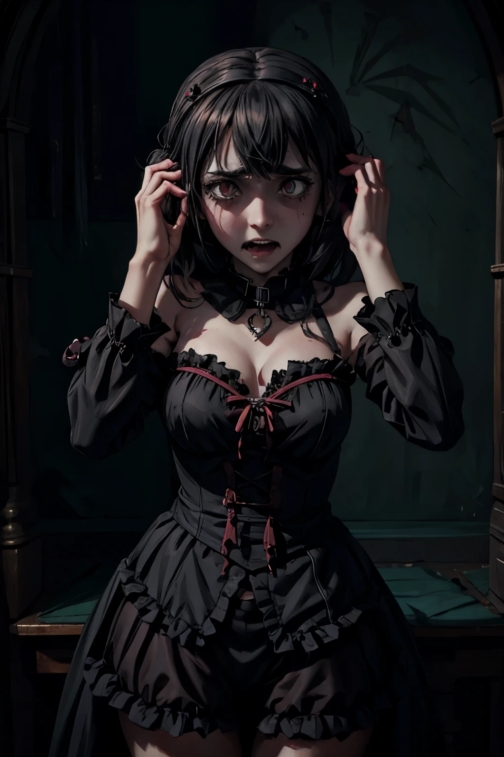 gothic,horror,girl,(((despair))),Covering ears with hands,