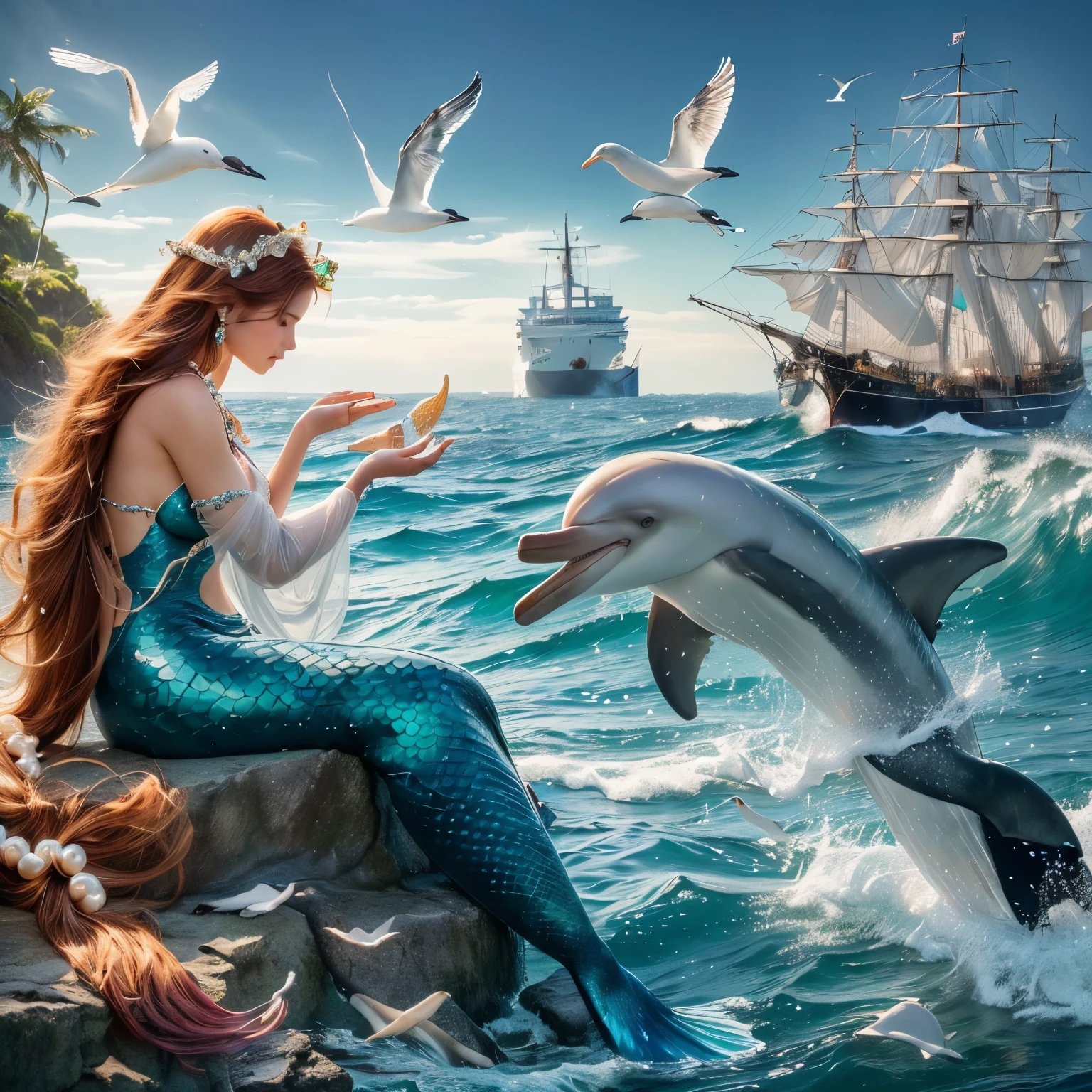 mermaid holding pearls and dolphins in the ocean with a ship in the background,seagulls, beautiful mermaid, beautiful painting, very beautiful art, beautiful art uhd 8k, mermaid and fish, sea goddess, mermaid,  beautiful digital artwork, beautiful art, hd painting realistic painting born from the coast of Santa Maria Beach, uhd,3d