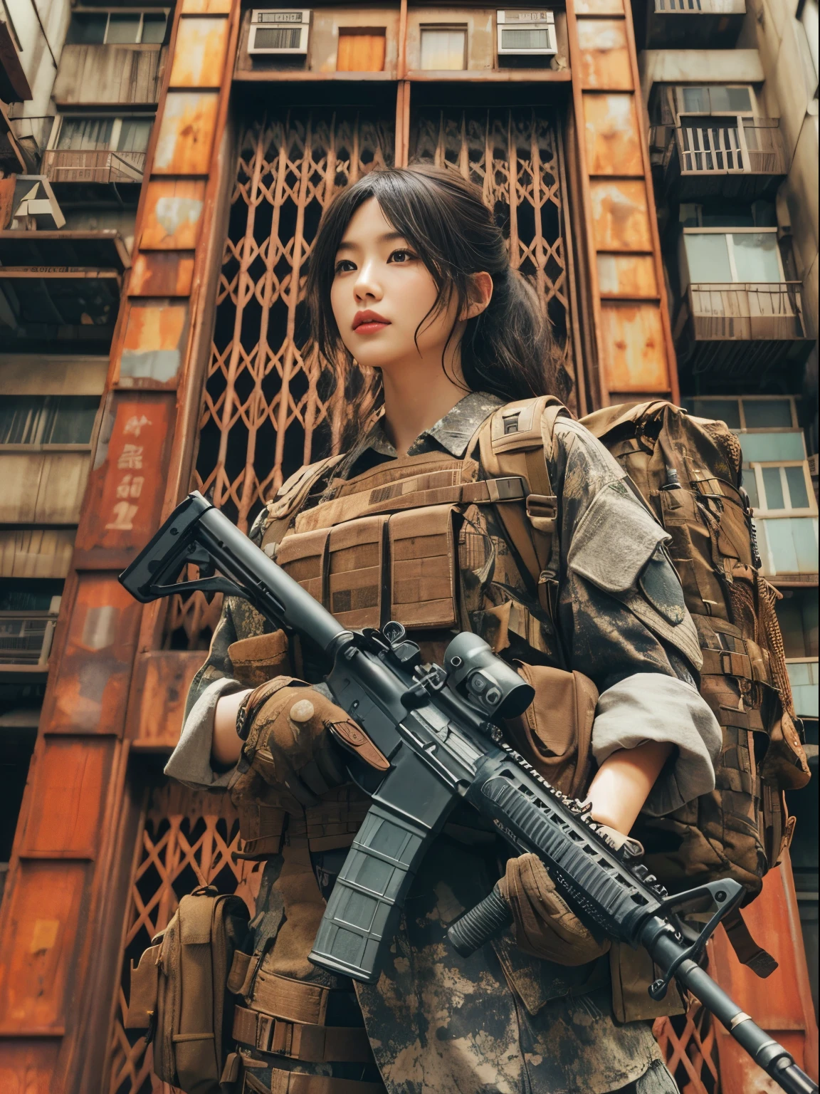 photorealistic、realistic skin texture、automatic rifle