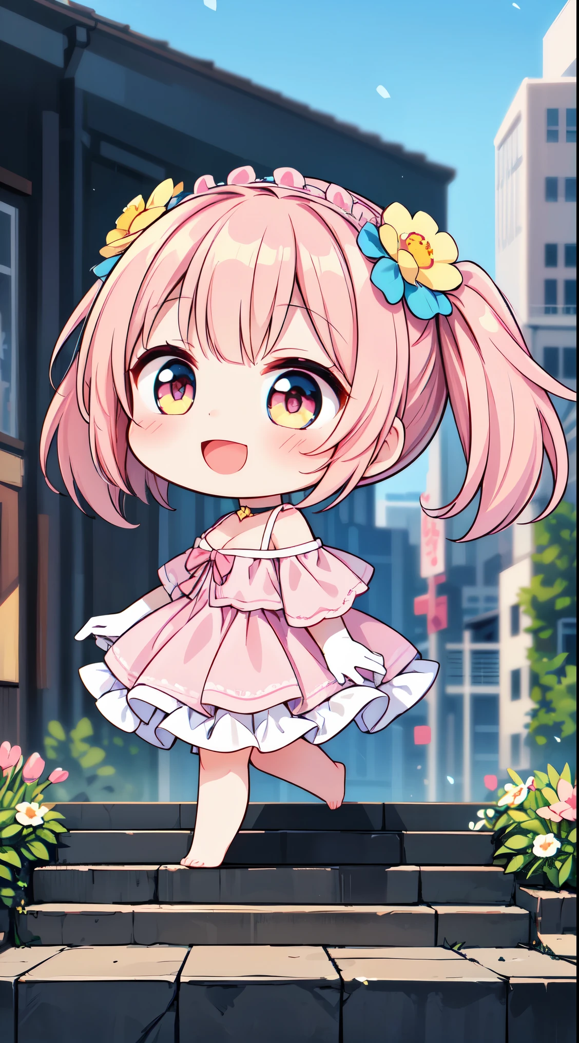 (super fine illustration:1.2),(masterpiece, 8k), (best quality, high quality:1.4), perfect ???????, hyper detailed, ultra detailed,masterpiece background,beautiful detailed background, v8k wallpaper,perfect design,award-winning art,atmospheric,(chibi,full body:1.6),
BREAK, 1 beautiful girl, Solo,(Cute:1.5),(Chibi:0.8), (kawaii:1.5),(:0.5), BREAK, (girl, Cute, Cheerful, face, medium breasts:1.2),(Pink hair,disheveled short twin tails,tareme,Gold eyes:1.2),gleaming skin,Clear skin, cleavage of the breast,Beautiful , gleaming skin,Clear skin, Beautiful skin,( A smile:1.5),(best quality face),(Top quality glowing eyes),(The best smile,:D:1.45),
BREAK, (1girl, solo, looking at viewer, walking:1.2), (city, fantastic scenery:1.5),
BREAK (pink dress, white frills, white glove, off shoulder, black choker:1.3), (flower crown, flower head, side flower head, flower hair ornament:1.5)
BREAK,wakame,wakame,wakame,(looking up,from side:1.5)
(going up on stairs:1.5),
BREAK,(Blurry background:1.3),(absurderes, hight resolution, Super Detail Art),cel shading,Clear Color, Lonely optical effect, Beautiful pictures, Bright glow, mystic atmosphere,(Close-up of girl:1.1), Mystical light particle effect,manga influence, clean line drawings,