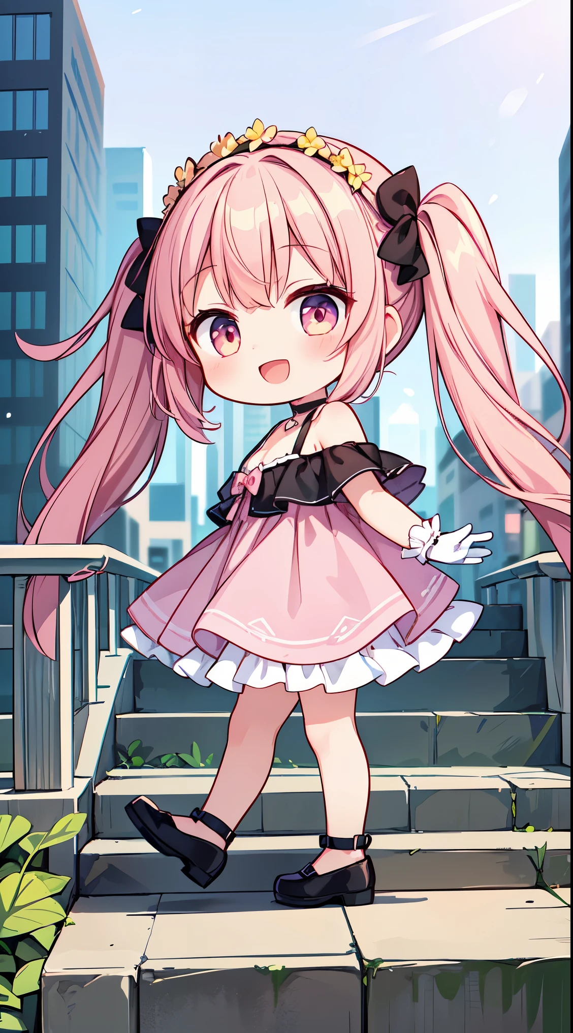 (super fine illustration:1.2),(masterpiece, 8k), (best quality, high quality:1.4), perfect anatomy, hyper detailed, ultra detailed,masterpiece background,beautiful detailed background, v8k wallpaper,perfect design,award-winning art,atmospheric,(chibi,full body:1.6),
BREAK, 1 beautiful girl, Solo,(Cute:1.5),(Chibi:0.8), (kawaii:1.5),(:0.5), BREAK, (girl, Cute, Cheerful, face, medium breasts:1.2),(Pink hair,disheveled short twin tails,tareme,Gold eyes:1.2),gleaming skin,Clear skin, cleavage of the breast,Beautiful , gleaming skin,Clear skin, Beautiful skin,( A smile:1.5),(best quality face),(Top quality glowing eyes),(The best smile,:D:1.45),
BREAK, (1girl, solo, looking at viewer, walking:1.2), (city, fantastic scenery:1.5),
BREAK (pink dress, white frills, white glove, off shoulder, black choker:1.3), (flower crown, flower head, side flower head, flower hair ornament:1.5)
BREAK,wakame,wakame,wakame,(looking up,from side:1.5)
(going up on stairs:1.5),
BREAK,(Blurry background:1.3),(absurderes, hight resolution, Super Detail Art),cel shading,Clear Color, Lonely optical effect, Beautiful pictures, Bright glow, mystic atmosphere,(Close-up of girl:1.1), Mystical light particle effect,manga influence, clean line drawings,